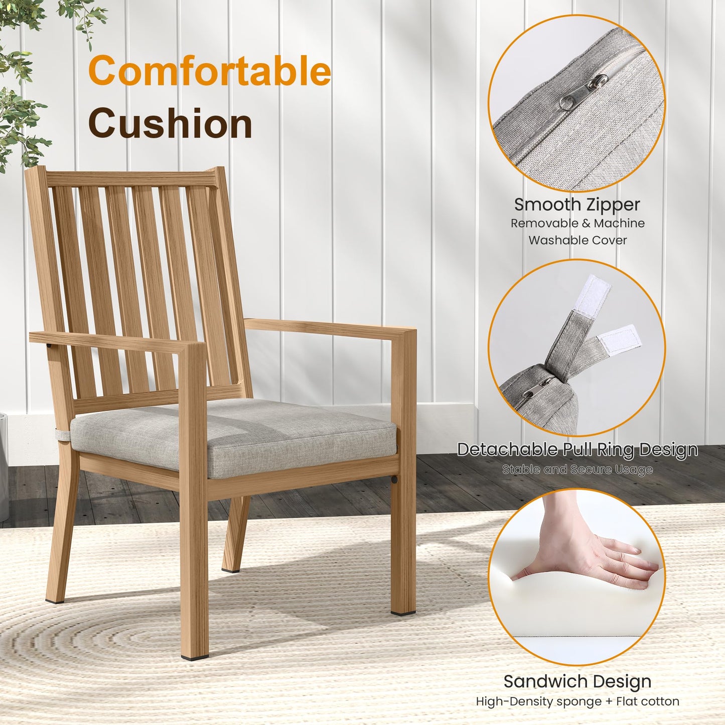 May in Color Patio Dining Chair Set of 4, Aluminum Outdoor Dining Chairs with Waterproof Cushions, Metal Outdoor Patio Furniture Seating for Porch, Balcony, Deck, Backyard, Light Wood Color