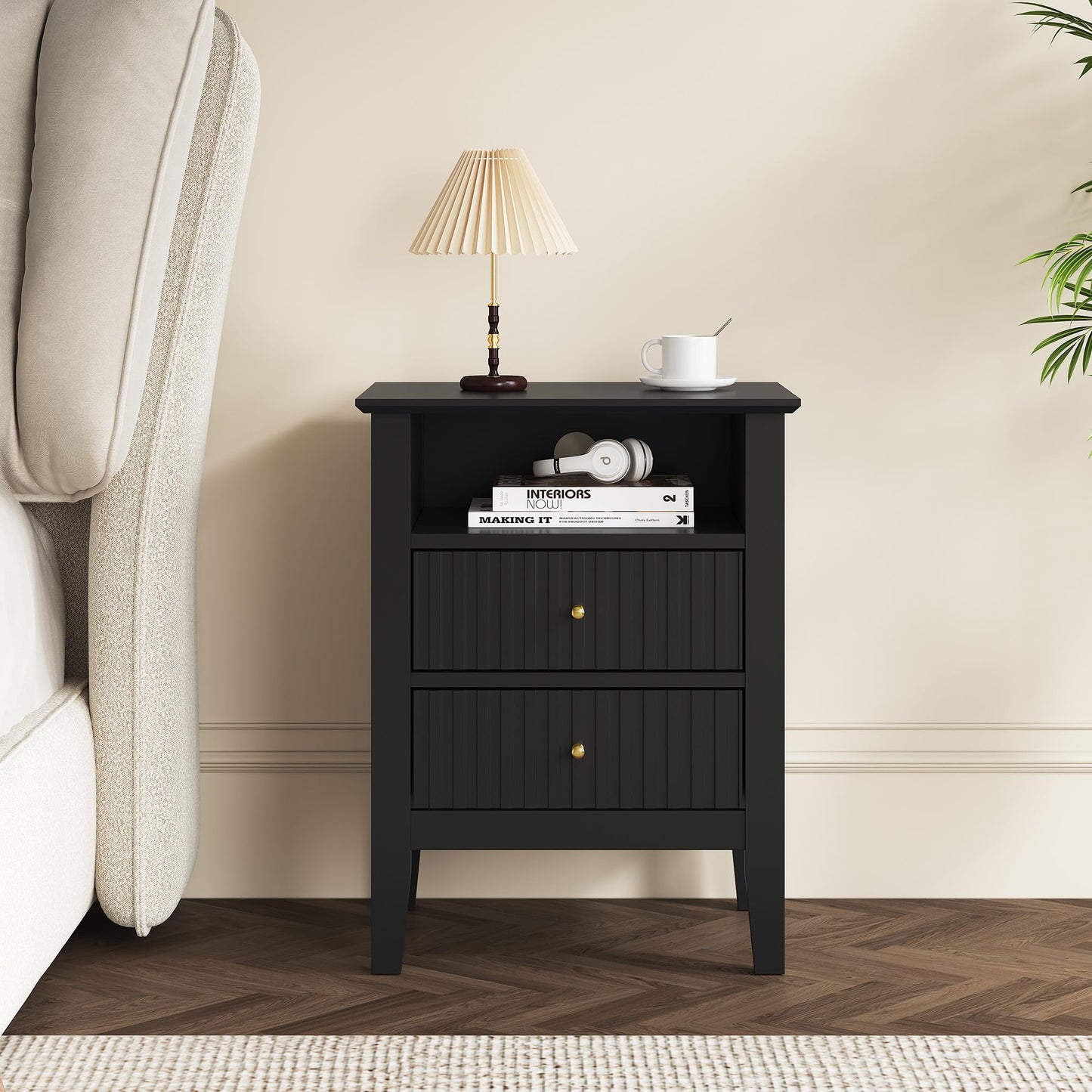 RoyalCraft Fluted Nightstand with 2 Drawers, Modern Wooden Sofa Table with Storage for Small Spaces, Tall End Table for Bedroom, Living Room, Couch Coffee Table