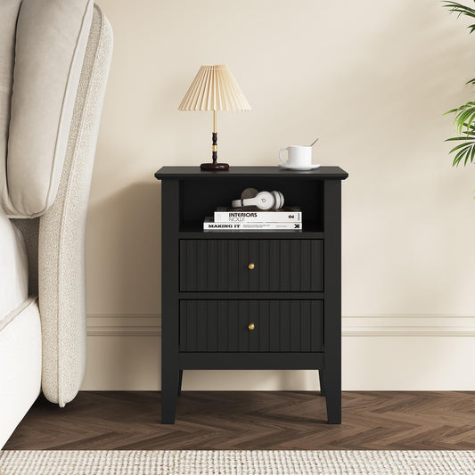 RoyalCraft Fluted Nightstand with 2 Drawers, Modern Wooden Sofa Table with Storage for Small Spaces, Tall End Table for Bedroom, Living Room, Couch Coffee Table