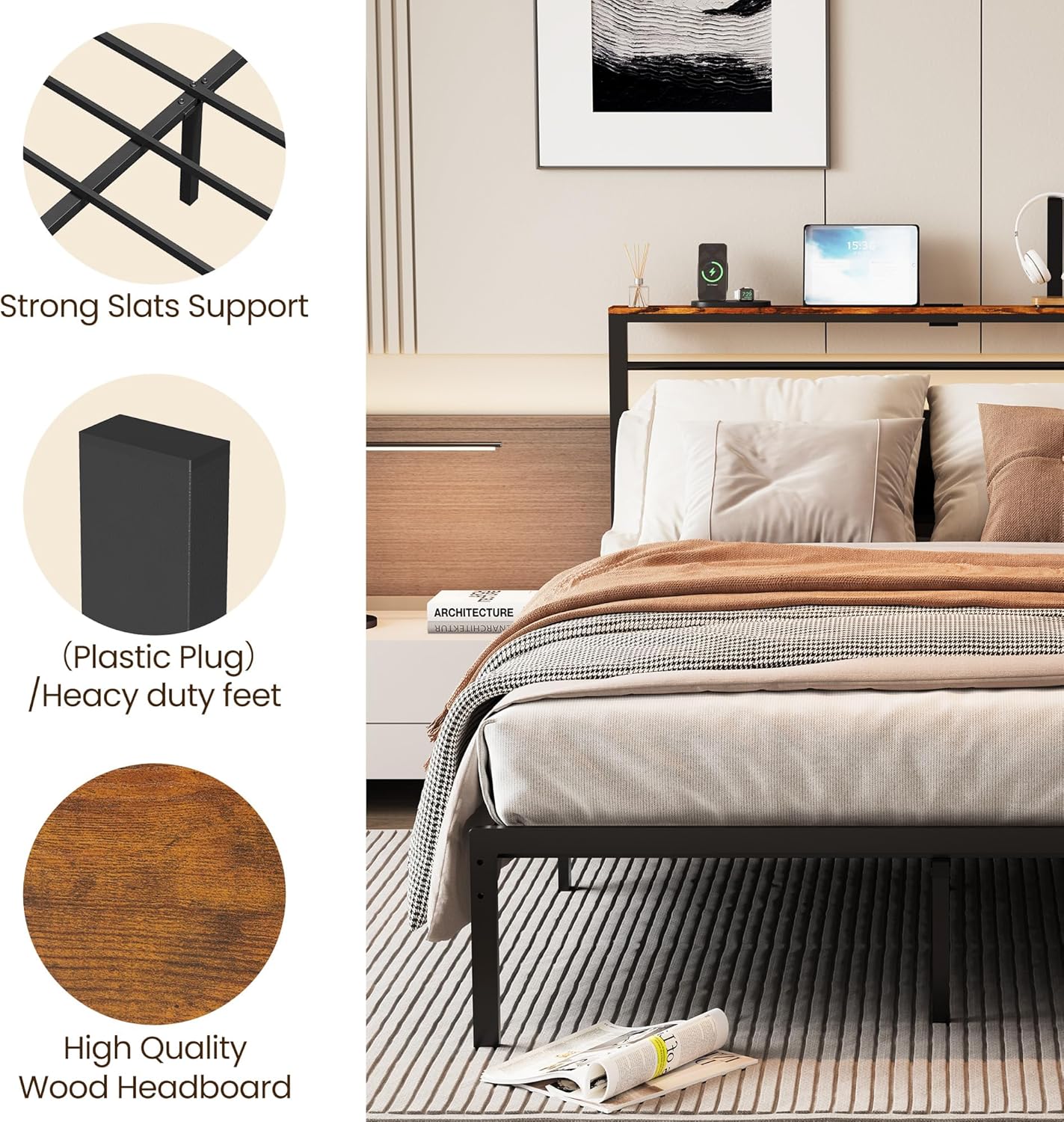 Royalcraft Bed Frame with Charging Station, Platform Bed with Metal Slats, Upholstered Headboard with Storage Shelves, No Box Spring Needed