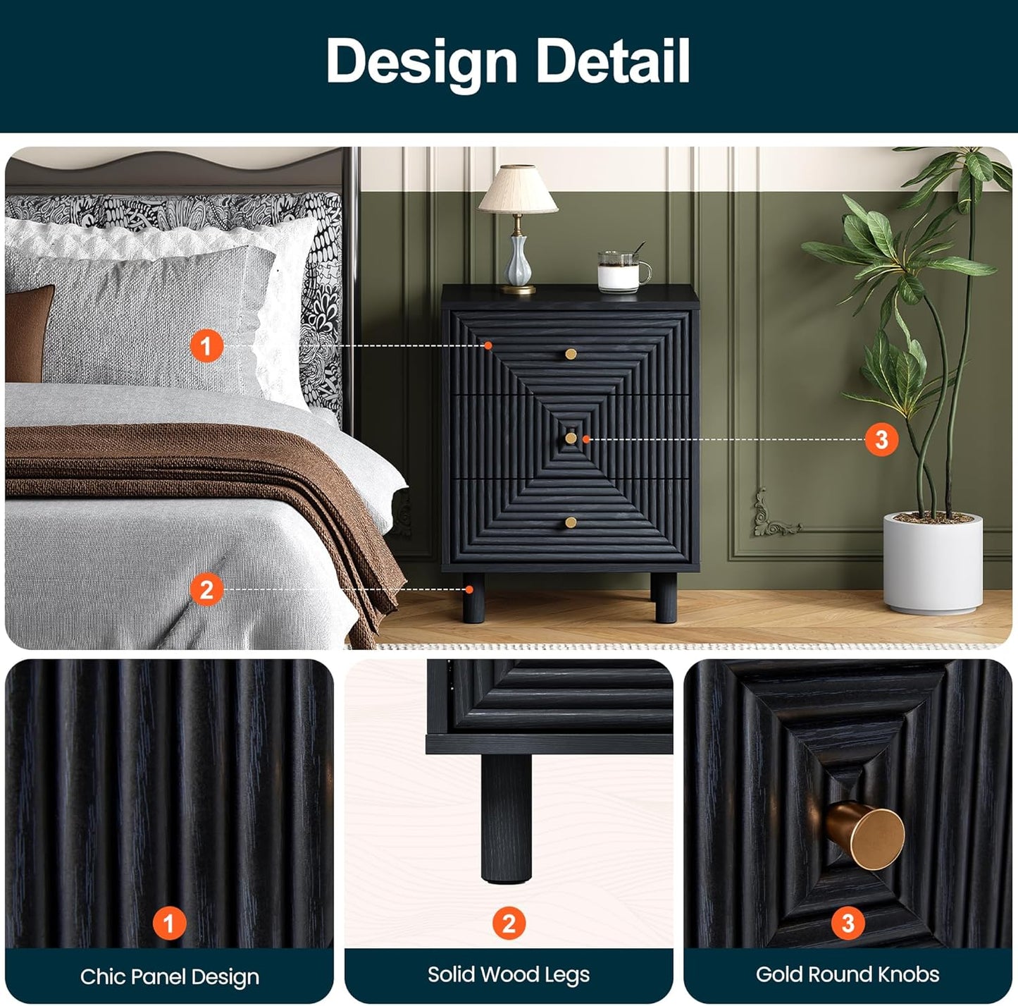 RoyalCraft 3 Drawer Nightstand, Small Dresser with Solid Wood Legs, Wooden Storage Night Stand Side Table, Modern Chest of Drawers Organizer for Bedroom, Living Room, Entryway