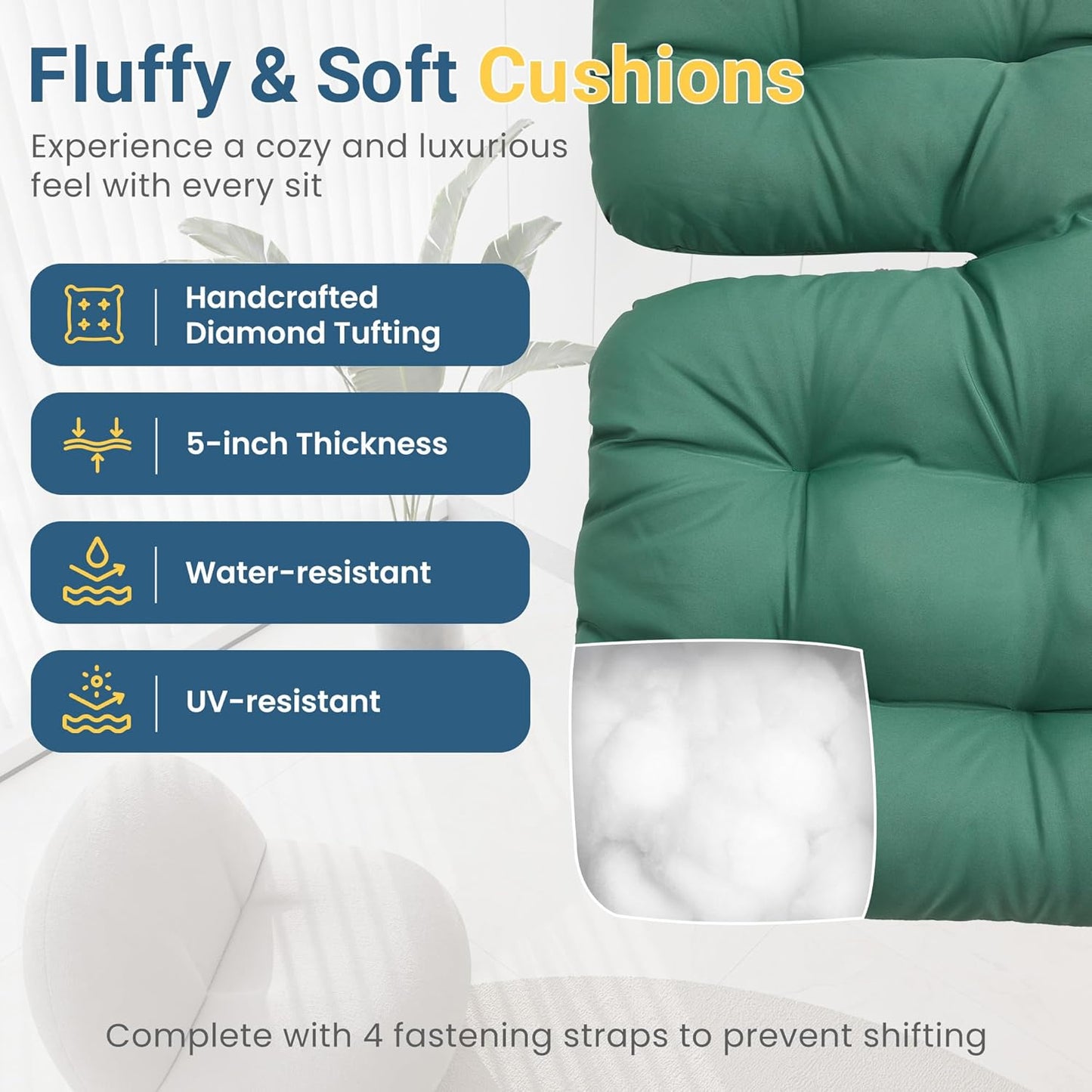 RoyalCraft Patio Rocking Chair with Ottoman and Cushions, Patio Wicker Egg Chair for Outdoor & Indoor, Oversized Papasan Chair, Outdoor Lounge Recliner Chair for Garden, Porch