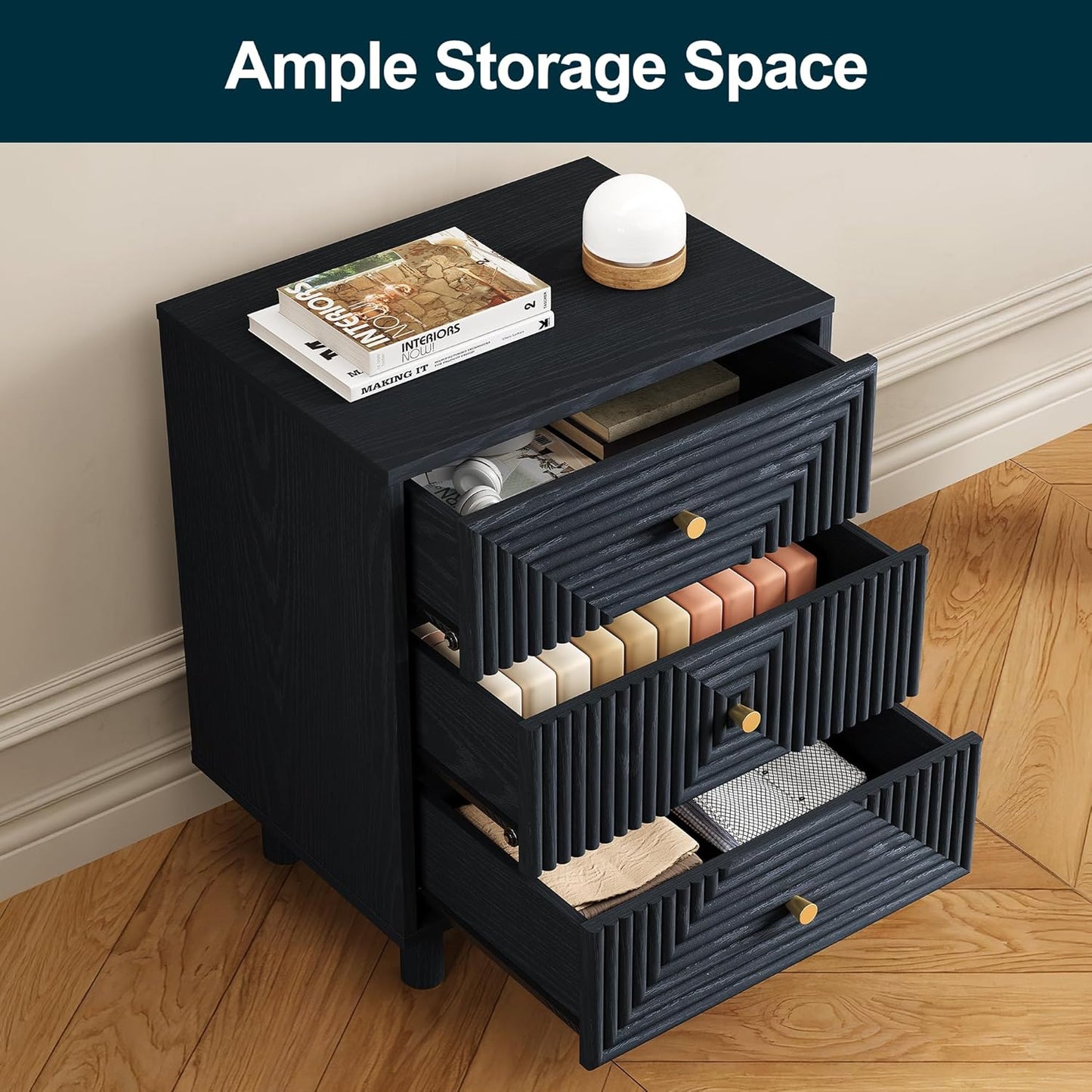 RoyalCraft 3 Drawer Nightstand, Small Dresser with Solid Wood Legs, Wooden Storage Night Stand Side Table, Modern Chest of Drawers Organizer for Bedroom, Living Room, Entryway