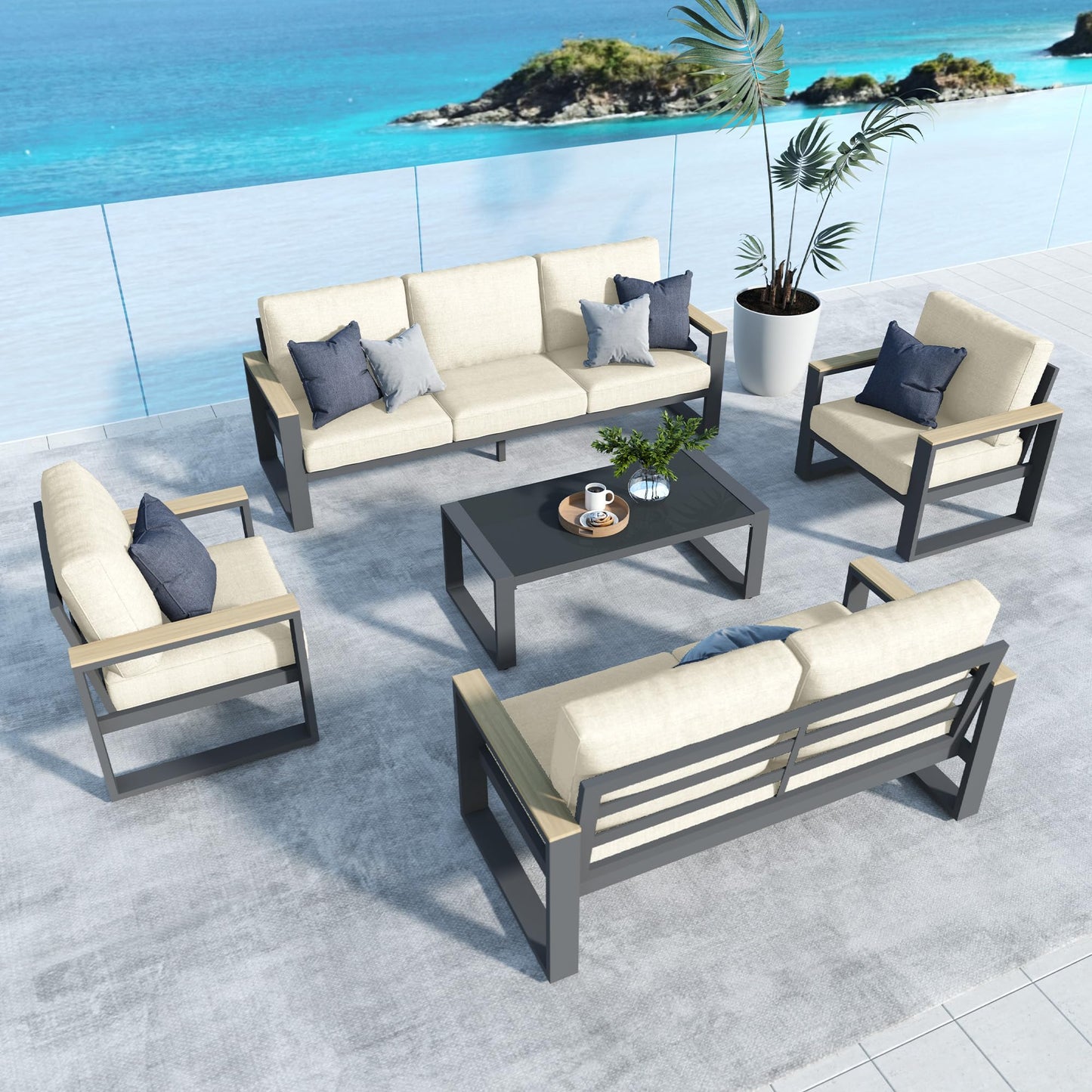 CozyHome Aluminum Patio Furniture, 7-Seats Metal Outdoor Furniture Set with Coffee Table, Modern Patio Sofa Sets Outdoor Conversation Set for Pool Garden Porch Backyard, Beige