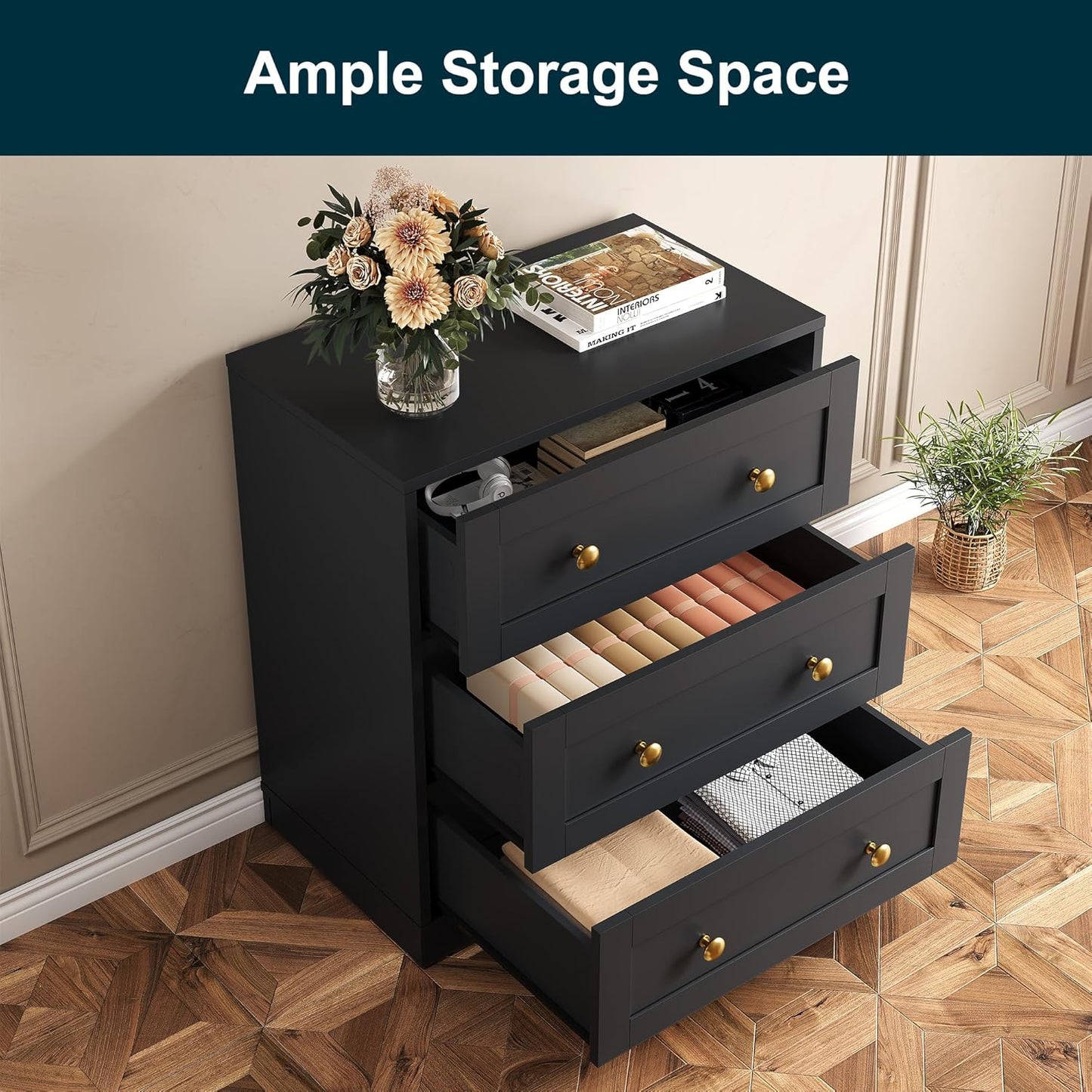 Royalcraft Nightstands, Modern 3-Drawer Bedside Tables with Gold Round Knobs, Wooden End Tables, Accent Chests of Drawers for Bedroom, Living Room, Hallway, or Closet