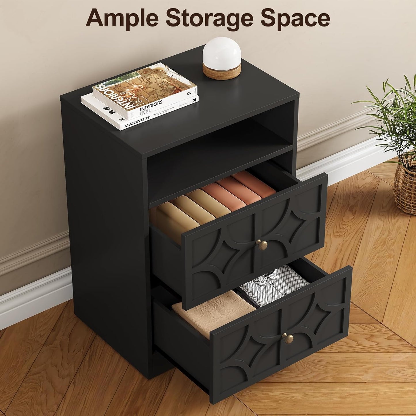 RoyalCraft Large Nightstand with 2 Drawers, Modern Side Table with Charging Station, Accent End Table with Diamond Carvings, Storage Cabinet for Living Room, Bedroom, Entryway