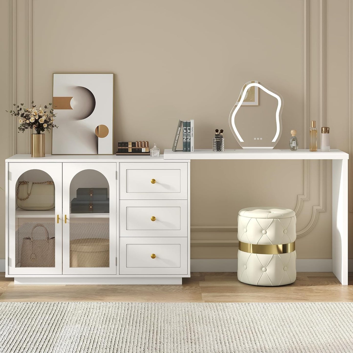 RoyalCraft 83¡± Large Extendable Makeup Vanity Desk, Corner Vanity Table with 3 Drawer & 2 Door, Modern Dressing Table and Chest of Drawers Combo, Accent Vanity for Bedroom, Dressing Room