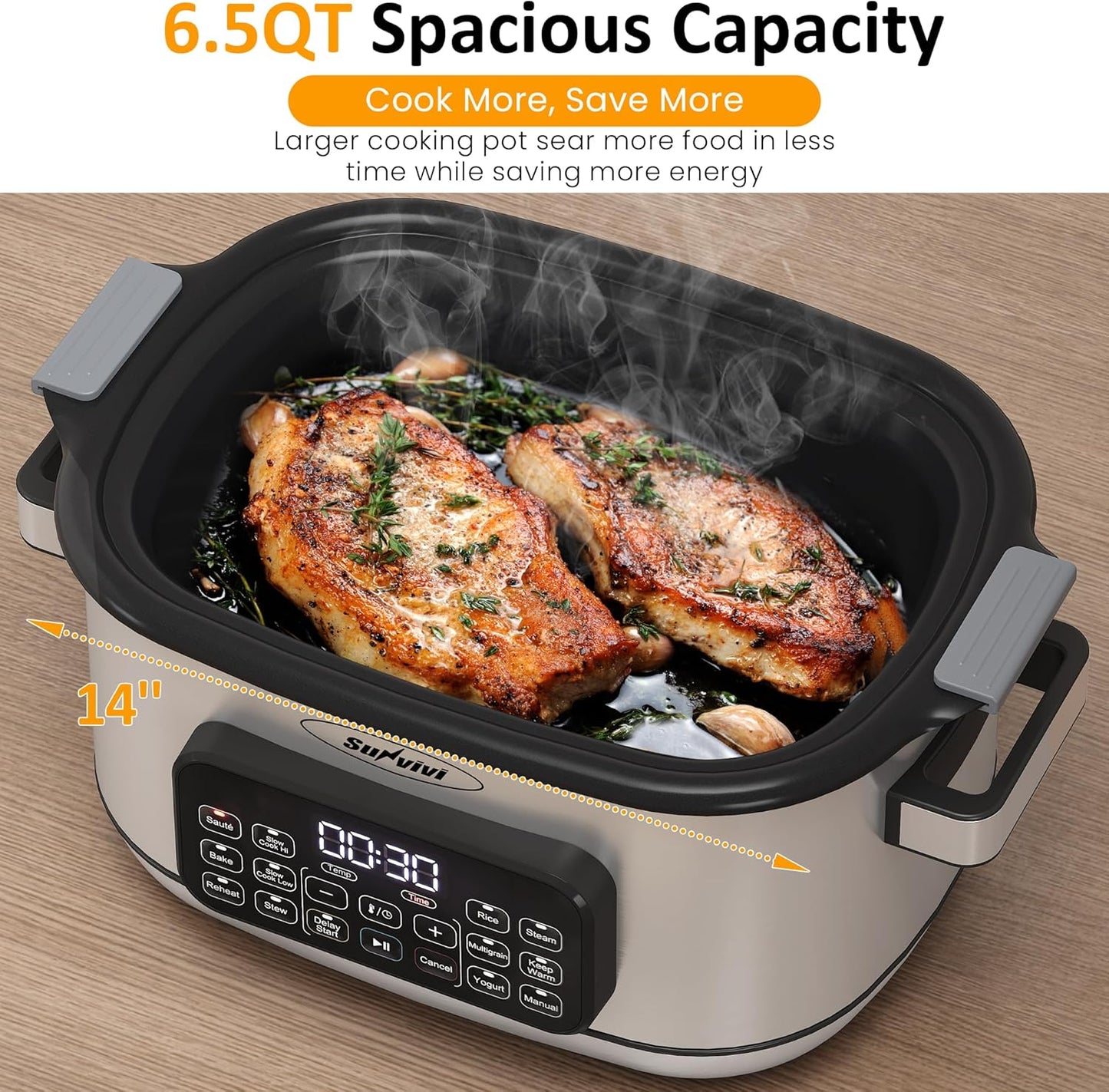 Royalcraft 12-in-1 Multi Slow Cooker Roaster Oven, 6.5QT Sliver Digital Programmable Slow Cooker with Rack, Large Removable Nonstick Crock, Glass Lid, Multicooker with Timer Temp Control, Delay Start