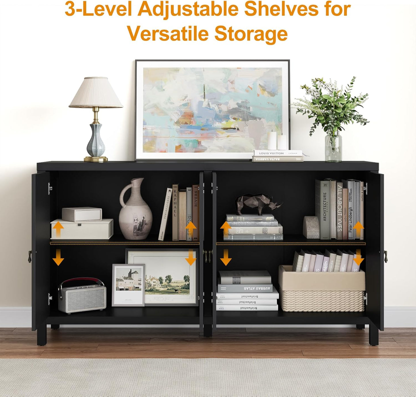 RoyalCraft Sideboard Buffet Cabinet with Storage, 60'' Mid Century Modern Storage Cabinet with 4 Doors and Adjustable Shelves, Accent Cabinet for Entryway, Dining Room, Living Room, Bedroom