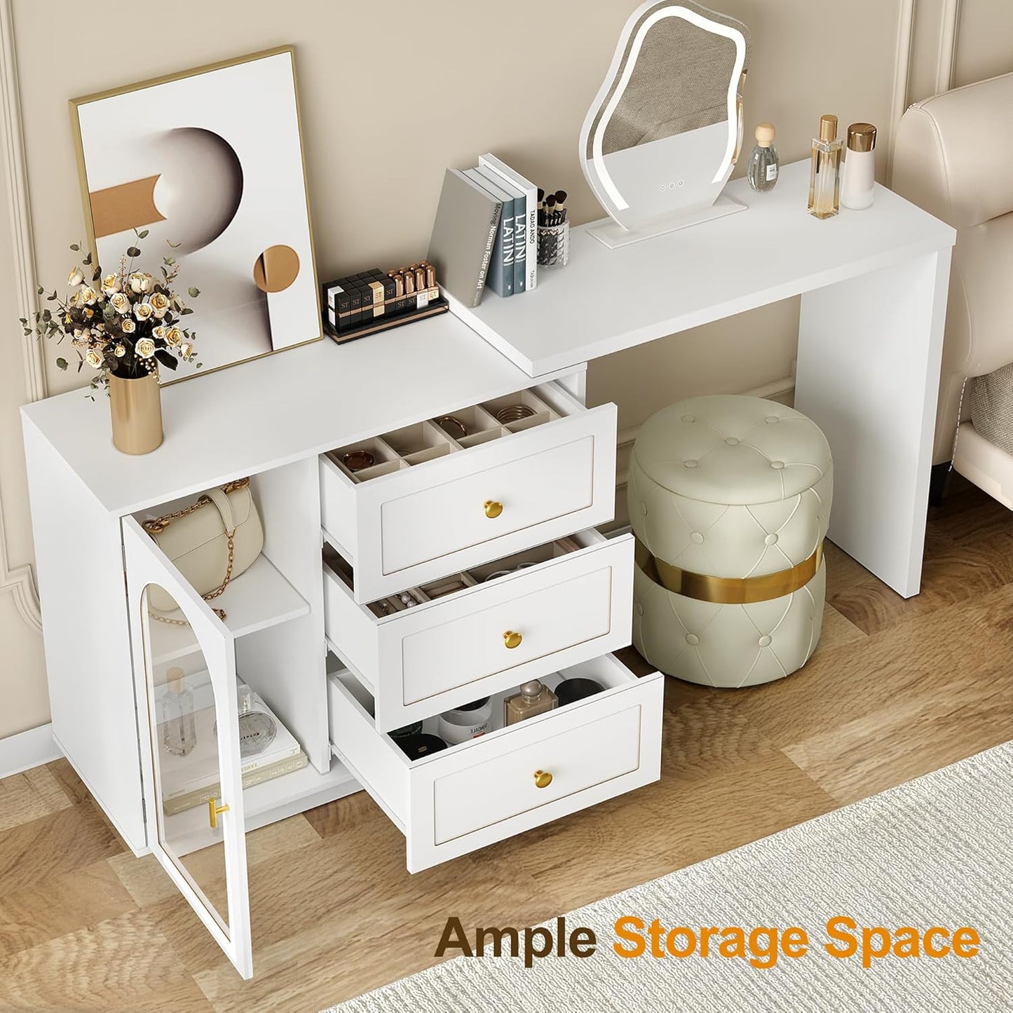 RoyalCraft 59¡± Large Extendable Makeup Vanity Desk, Corner Vanity Table with 3 Drawer & 1 Door, Modern Dressing Table and Chest of Drawers Combo, Accent Vanity for Bedroom, Dressing Room