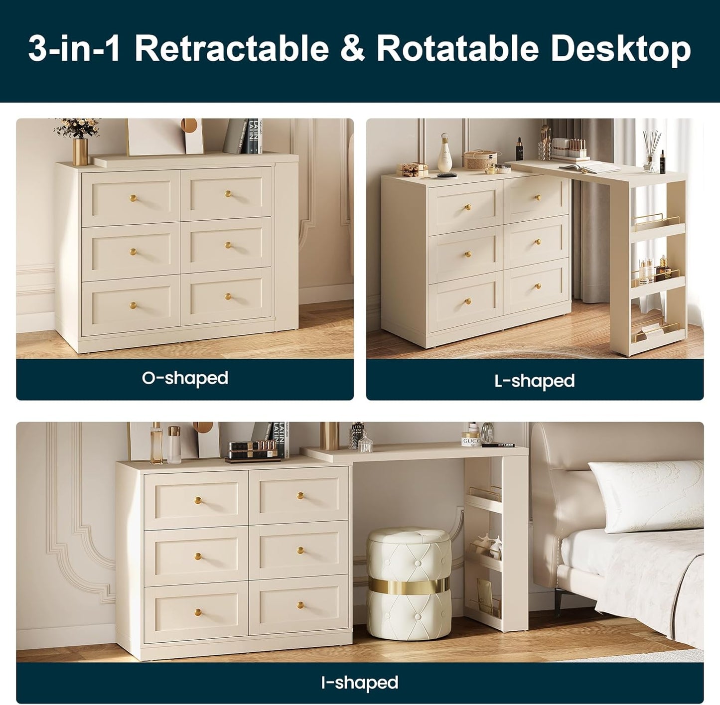 Royalcraft 6-Drawer Extendable Corner Vanity Table and Dresser Combo with 3 Side Shelves, Makeup Vanity Desk, Wood Dressing Table for Bedroom, Dressing Room