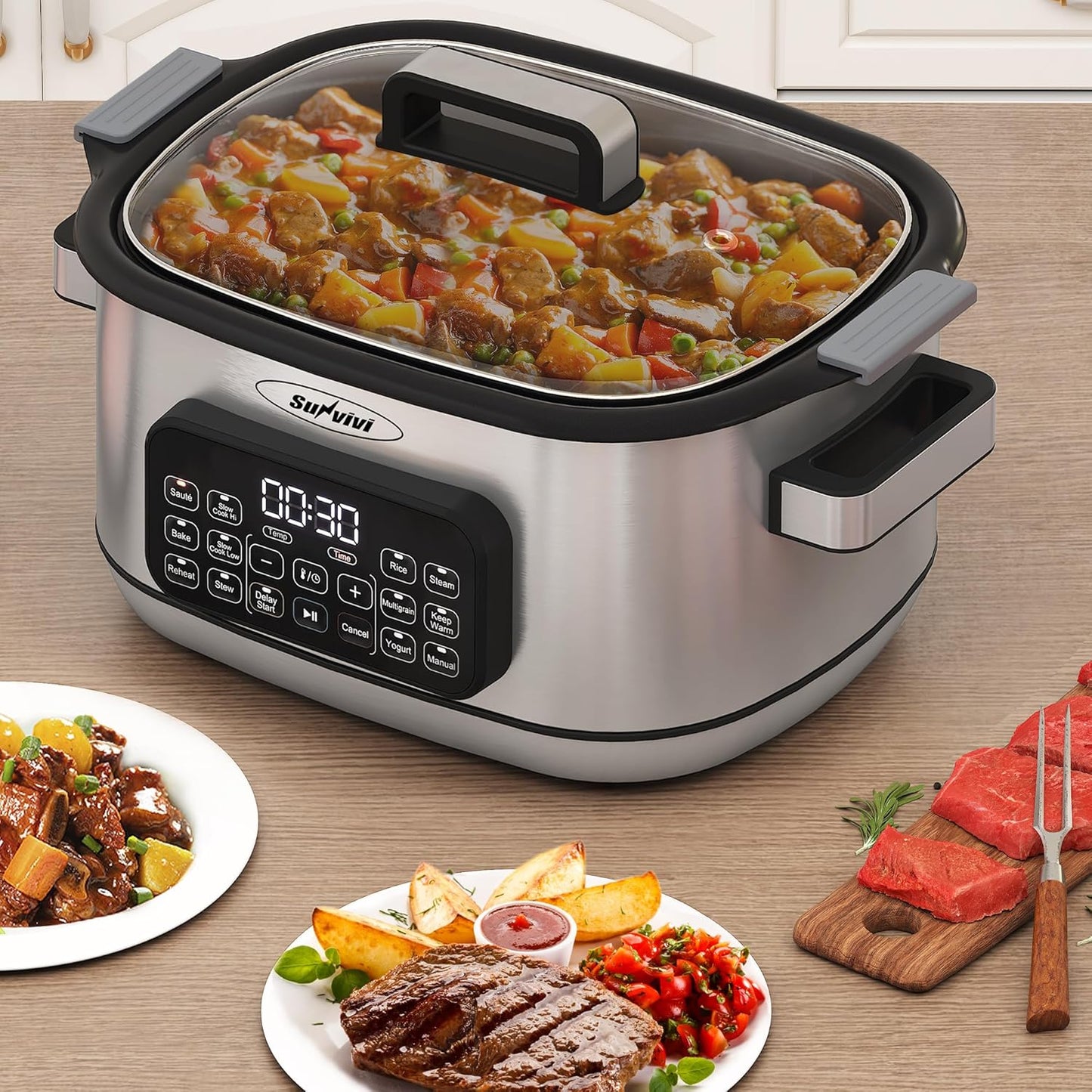 Royalcraft 12-in-1 Multi Slow Cooker Roaster Oven, 6.5QT Sliver Digital Programmable Slow Cooker with Rack, Large Removable Nonstick Crock, Glass Lid, Multicooker with Timer Temp Control, Delay Start