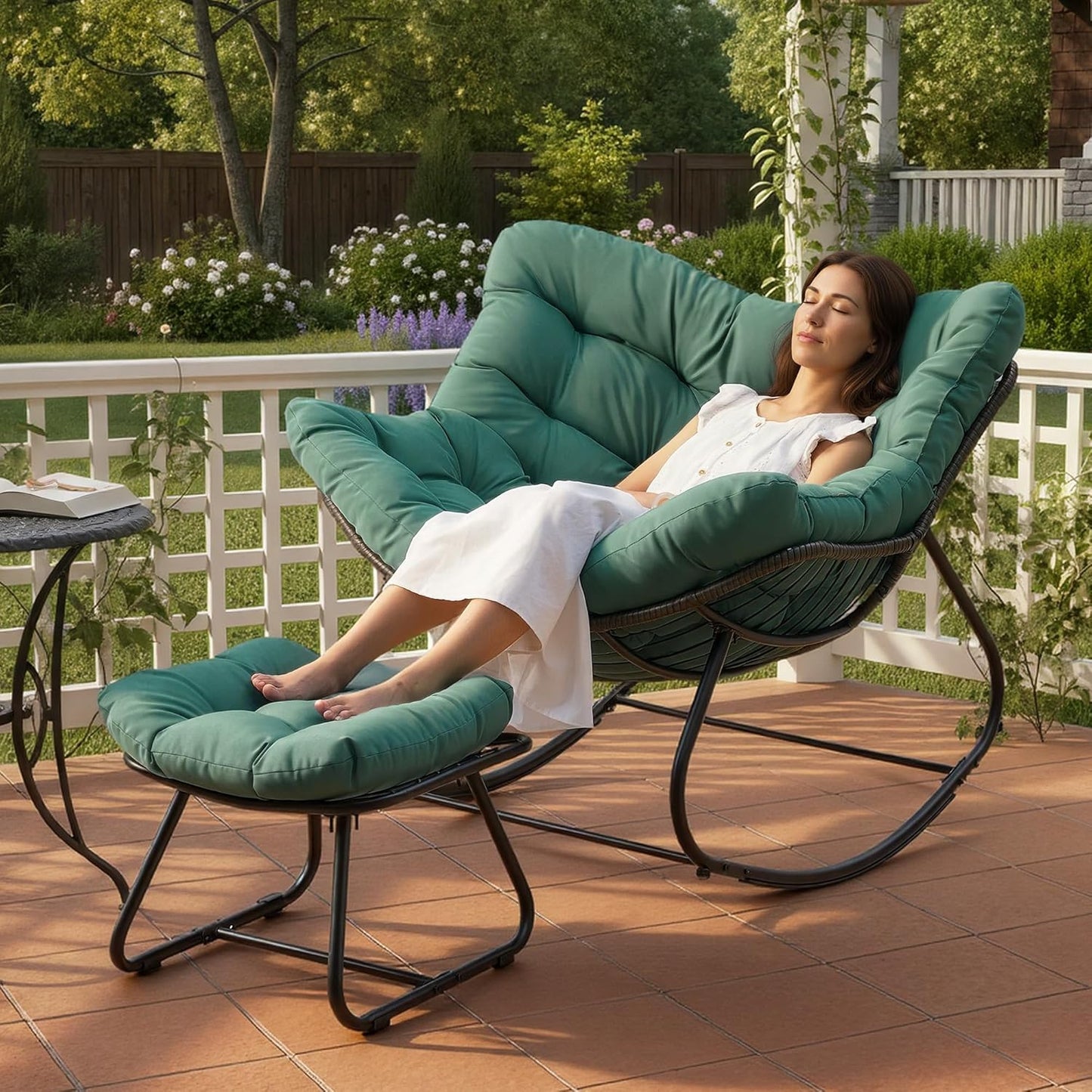 RoyalCraft Patio Rocking Chair with Ottoman and Cushions, Patio Wicker Egg Chair for Outdoor & Indoor, Oversized Papasan Chair, Outdoor Lounge Recliner Chair for Garden, Porch