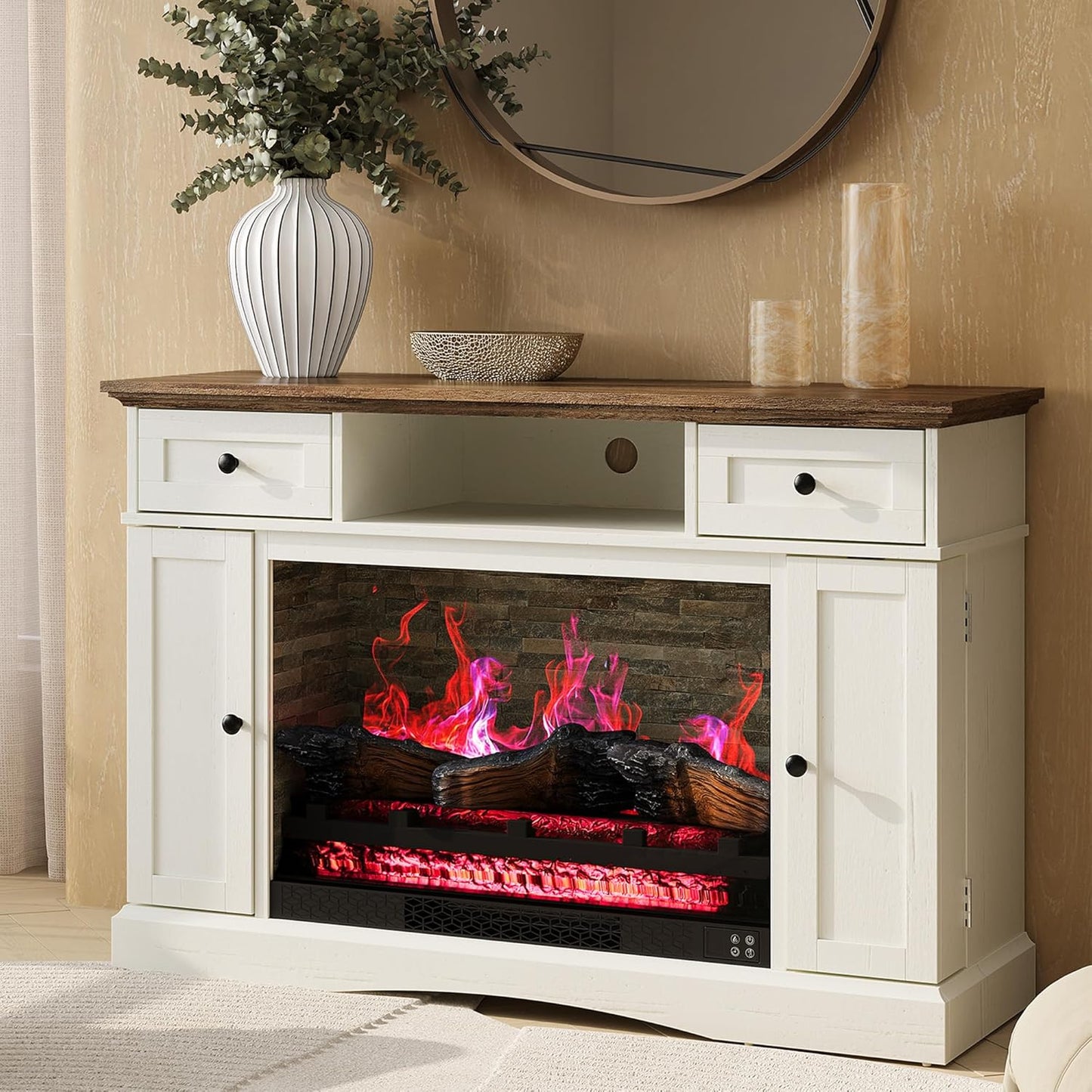 RoyalCraft TV Stand with 28'' Fireplace for TVs up to 55'', Media Console Table with Adjustable Shelves, Double-door Design, Entertainment Center for Living Room, Bedroom