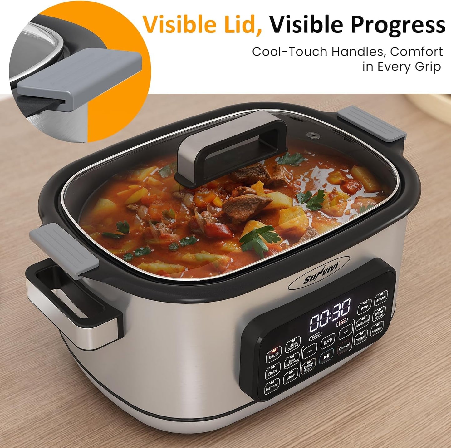 Royalcraft 12-in-1 Multi Slow Cooker Roaster Oven, 6.5QT Sliver Digital Programmable Slow Cooker with Rack, Large Removable Nonstick Crock, Glass Lid, Multicooker with Timer Temp Control, Delay Start