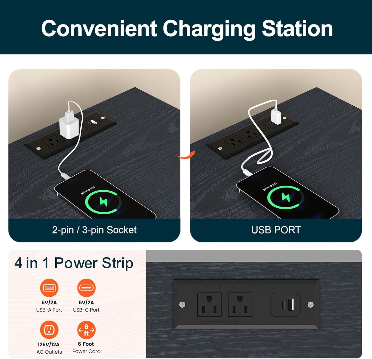 Royalcraft Nightstand Set of 2, Modern Side Table with Charging Station,  Accent End Table with Solid Wood Legs, Bedside Table for Living Room, Bedroom, Entryway