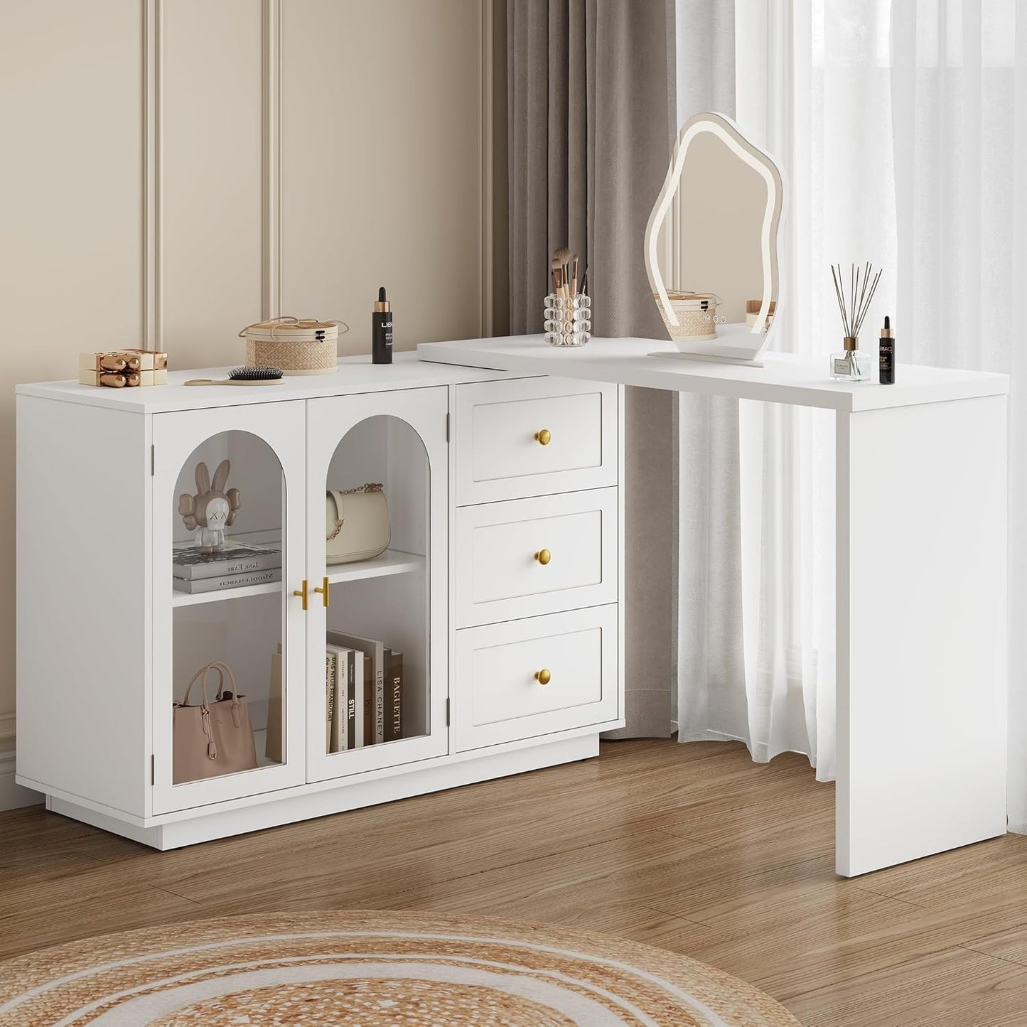 RoyalCraft 83¡± Large Extendable Makeup Vanity Desk, Corner Vanity Table with 3 Drawer & 2 Door, Modern Dressing Table and Chest of Drawers Combo, Accent Vanity for Bedroom, Dressing Room