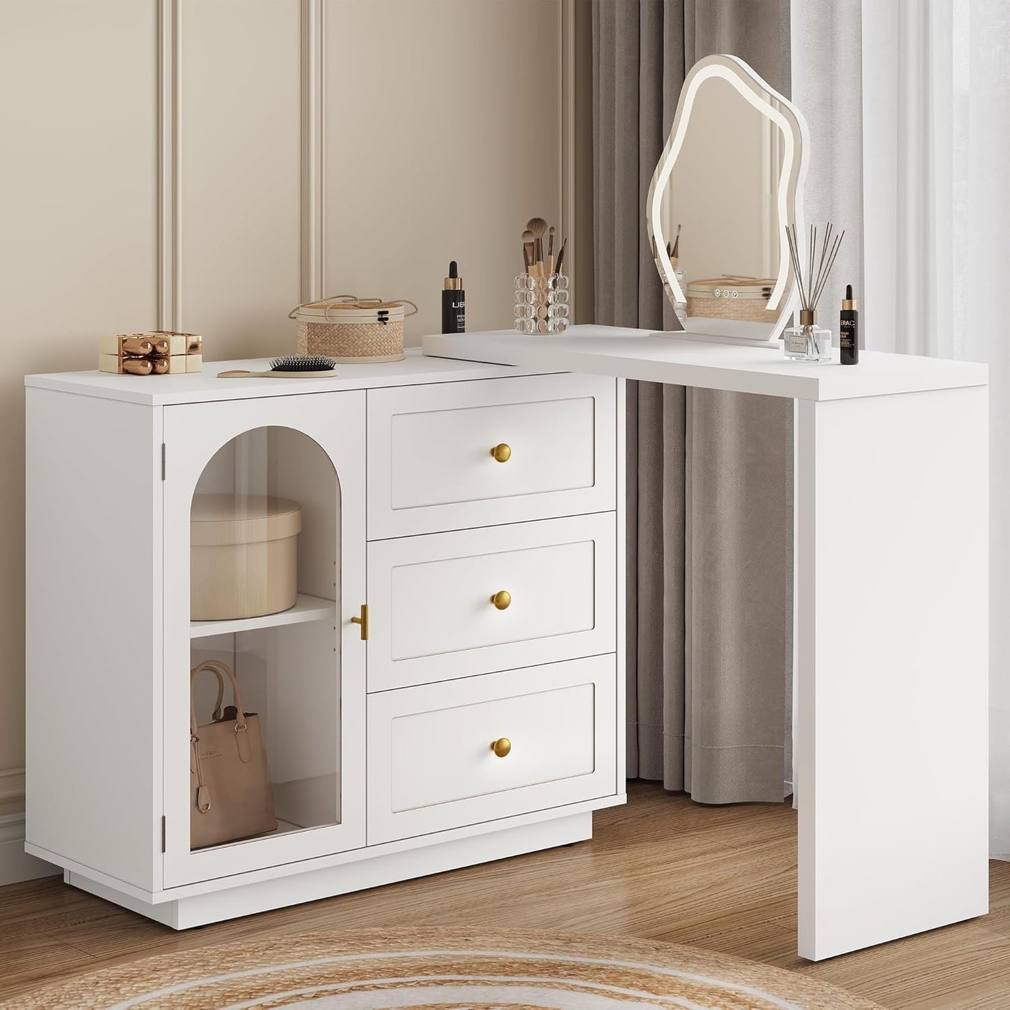 RoyalCraft 59¡± Large Extendable Makeup Vanity Desk, Corner Vanity Table with 3 Drawer & 1 Door, Modern Dressing Table and Chest of Drawers Combo, Accent Vanity for Bedroom, Dressing Room