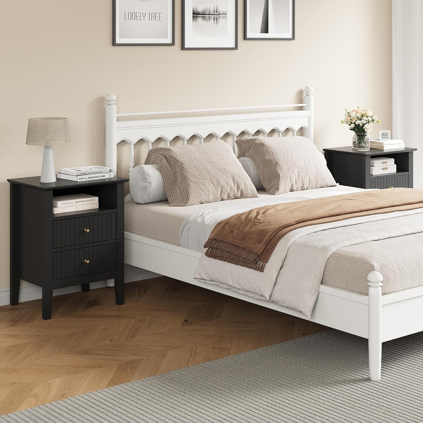 RoyalCraft Fluted Nightstand Set of 2, Modern Wooden Sofa Table with 2 Drawers for Small Spaces, Tall End Table for Bedroom, Living Room, Couch Coffee Table