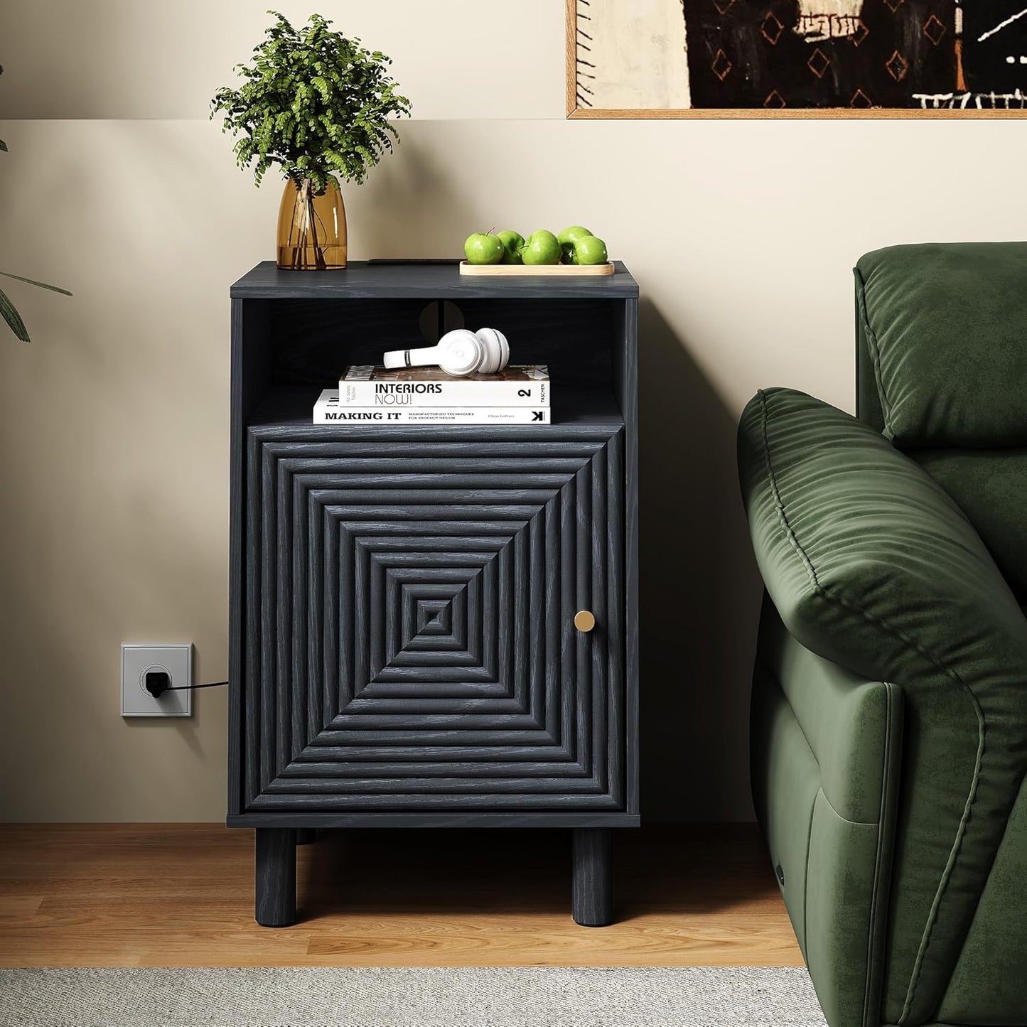 Royalcraft Nightstand with 1 Door, Modern Side Table with Charging Station,  Accent End Table with Solid Wood Legs, Bedside Table for Living Room, Bedroom, Entryway