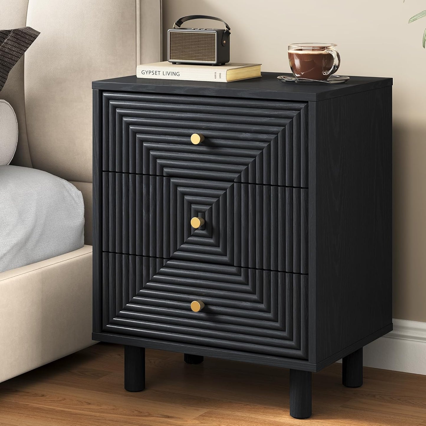 RoyalCraft 3 Drawer Nightstand, Small Dresser with Solid Wood Legs, Wooden Storage Night Stand Side Table, Modern Chest of Drawers Organizer for Bedroom, Living Room, Entryway