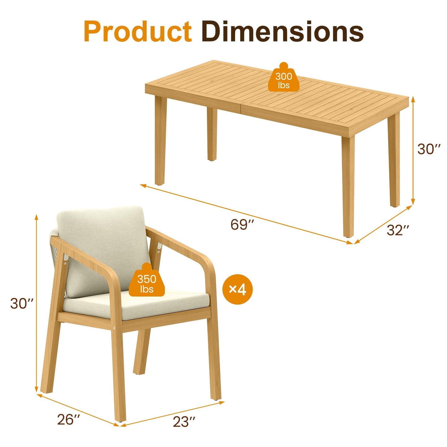 Heynemo Acacia Patio Dining Set 5 Pieces, Patio Dining Table and Chairs Set, Modern Outdoor Dining Furniture Set for Lawn Backyard Garden Deck, Beige
