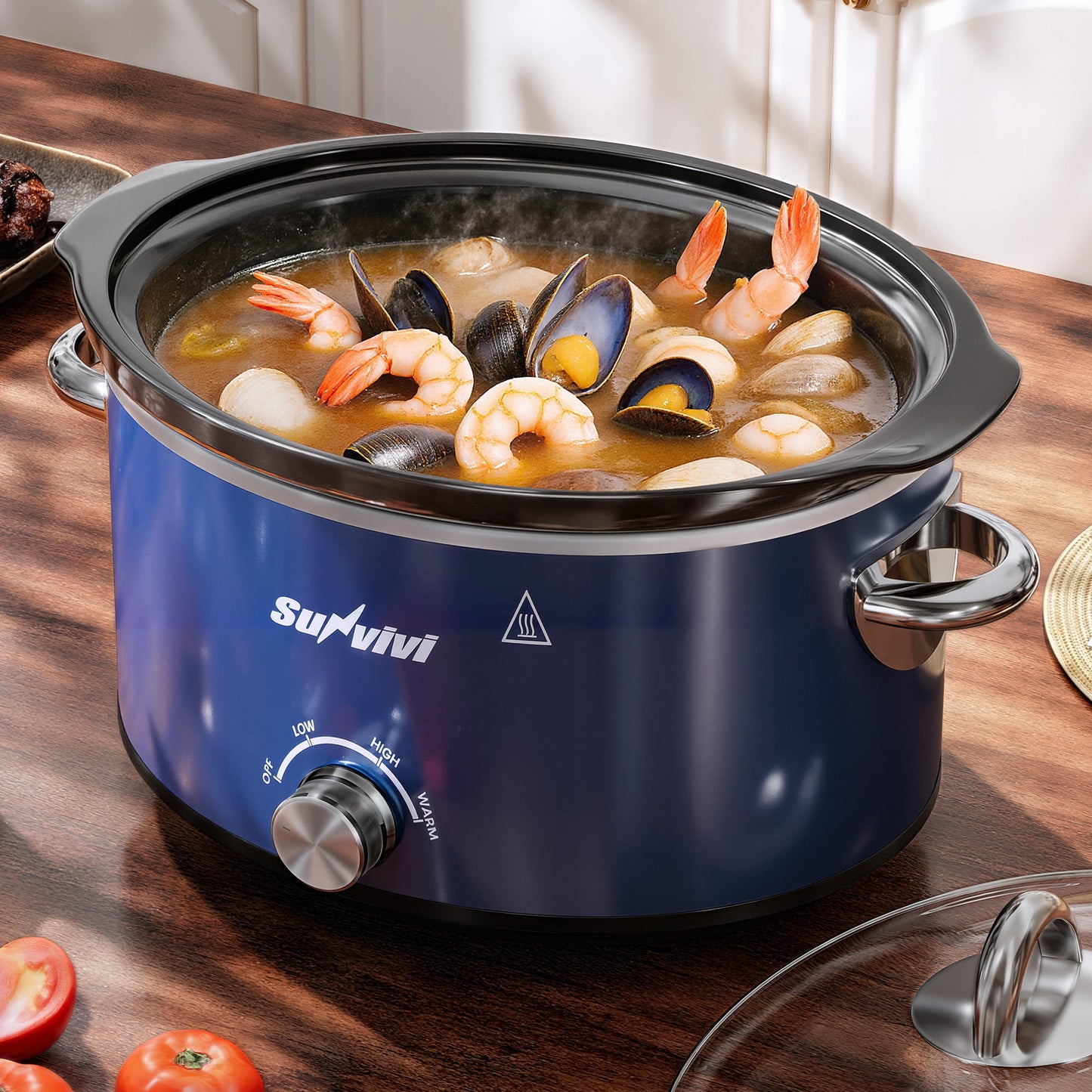 Royalcraft 4QT Compact Slow Cooker & Food Warmer with 3 Temperature Settings, Removable Ceramic Pot, Dishwasher-Safe Glass Lid, Stainless Steel - Blue