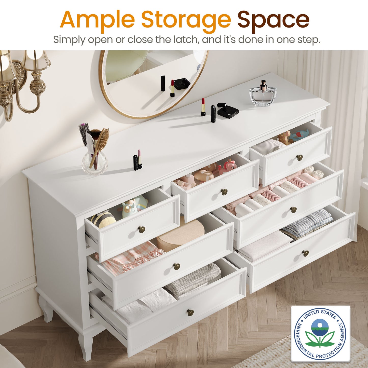 Dresser for Bedroom, 7 Drawers Dresser with Distinctive Wooden Legs & Black Paint Finish, Black Drawer Dresser with Spacious Storage Space for Bedroom, Living Room, Hallway