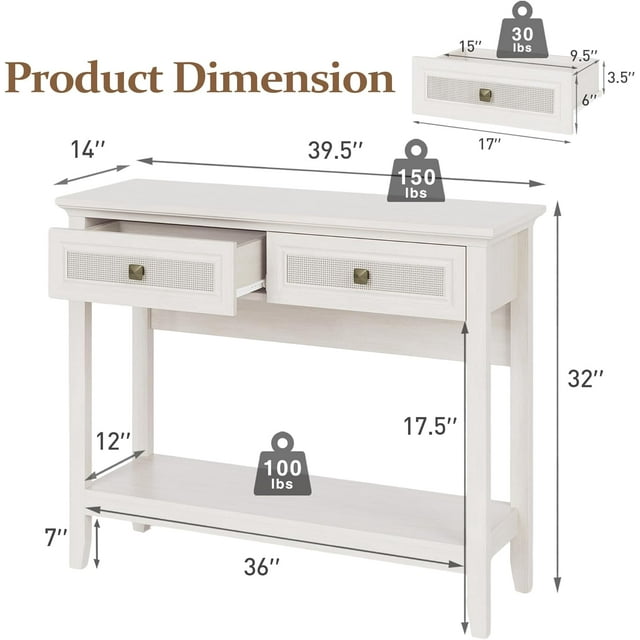 Royalcraft Rattan Console Table, Boho Entryway Table with Widened Tabletop & 2 Spacious Drawers, Farmhouse Sofa Table with Storage Shelf, Foyer Table for Living Room, Hallway, Entryway, Grayish White