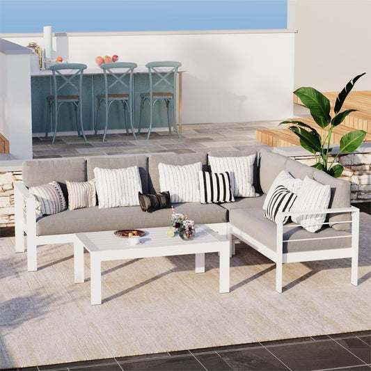 RoyalCarft Aluminum Patio Furniture Set, Metal Patio Sectional Sofa with Imitation Wood Tabletop Coffee Table, Modern Outdoor Furniture Couch with Water-Resistant Cushion for Balcony Backyard, White