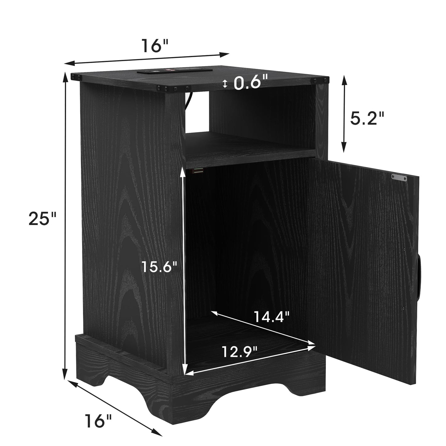 Mayincolor Farmhouse Nightstand Set of 2 with Charging Station, Wooden End Table, Rustic Night Stand with Storage Cabinet and Shelf, Tall Bedside Table for Bedroom, Living Room, Black