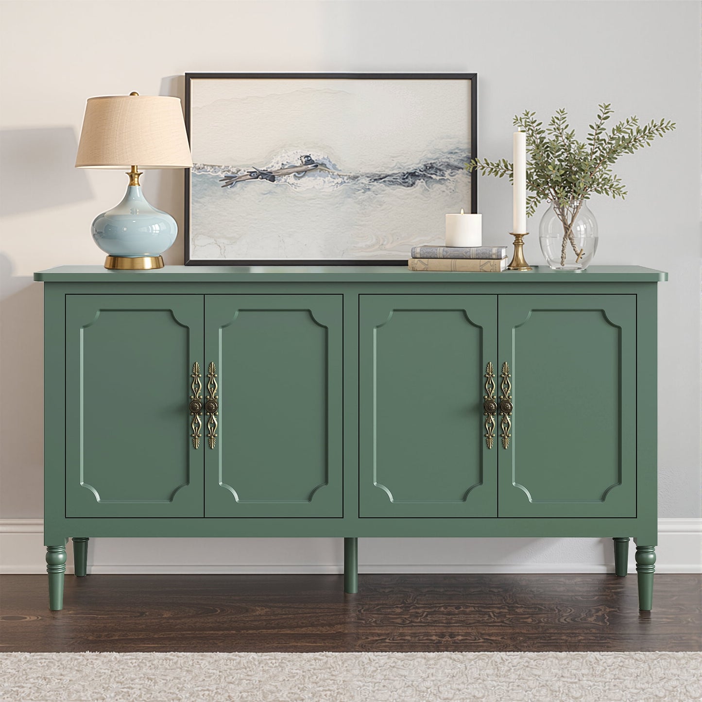 May in Color 58" Wood Buffet Cabinet, Mid-Century Modern Console Cabinet, with 4 Door & Media Storage, for Entryway, Living Room, Dining Room, Bedroom, Green