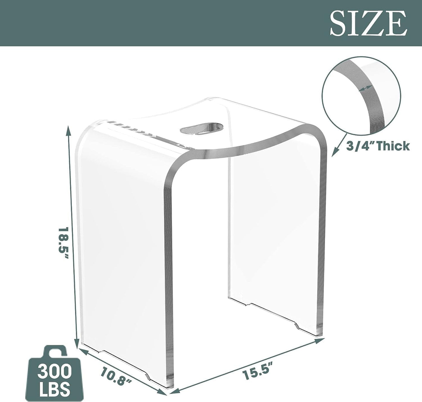 Royalcraft Acrylic Shower Bench, Clear Shower Stool for Inside Shower, Modern Shower Chair Bath Seat with Rounded Edge, 300lbs Weight Capacity