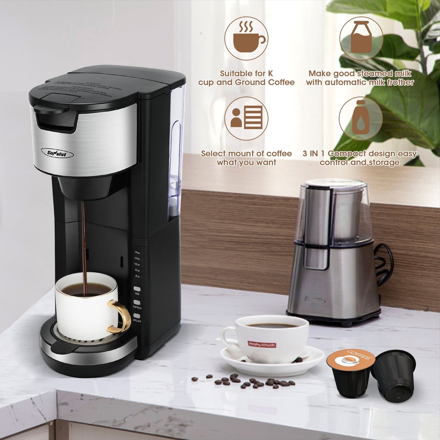 RoyalCraft Single Serve Coffee Maker For Single Cup Pod & Coffee Ground, Stainless SteelRemovable Reservoir, Compact Coffee Machine Brewer with 6 to 14 oz. Brew Sizes, Black