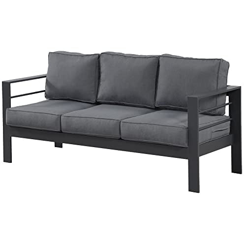 Mayincolor Patio Furniture Aluminum Sofa, All-Weather Outdoor 3 Seats Couch, Gray Metal Chair with Dark Grey Cushions