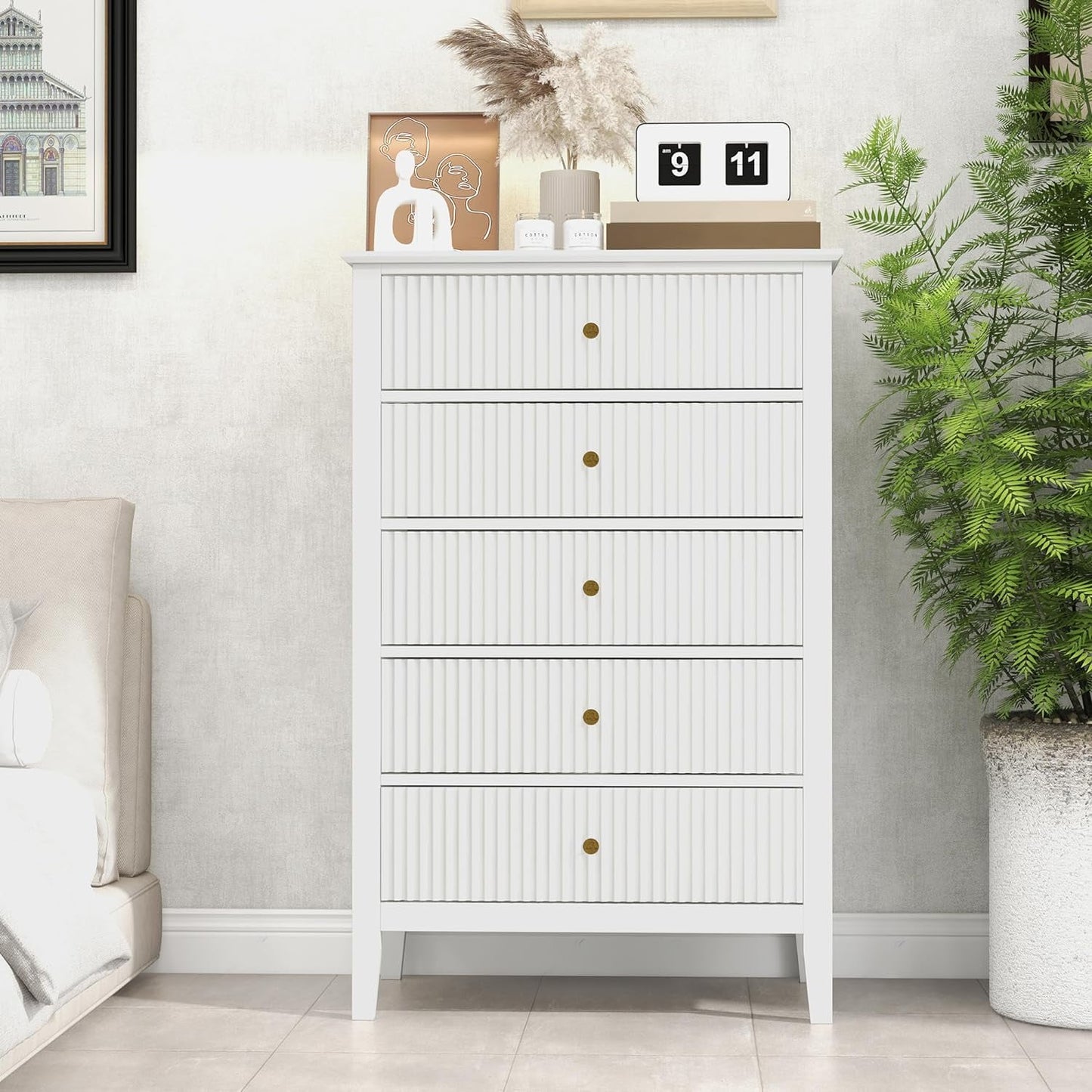 Superjoe Fluted 5 Drawers Dresser for Bedroom, White Tall Chest of Drawer with Silent Slide Drawers, Modern Wood Storage Cabinet for Living Room, Nursery, Hallway, Entryway