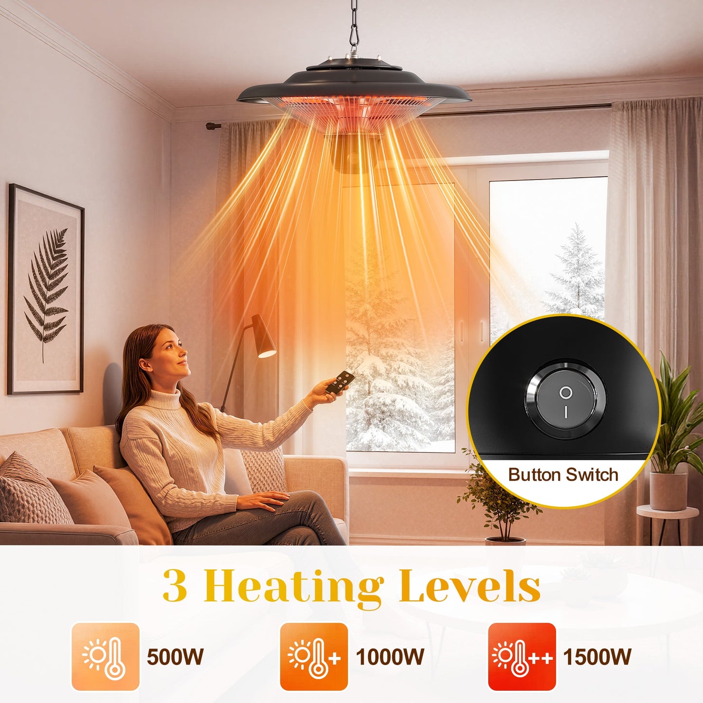 May in Color 1500W Outdoor Hanging Heater, Electric Infrared Hanging Heater, Waterproof Ceiling Heater with 3 Adjustable Modes, Ideal for Porch, Garage, Balcony, Black