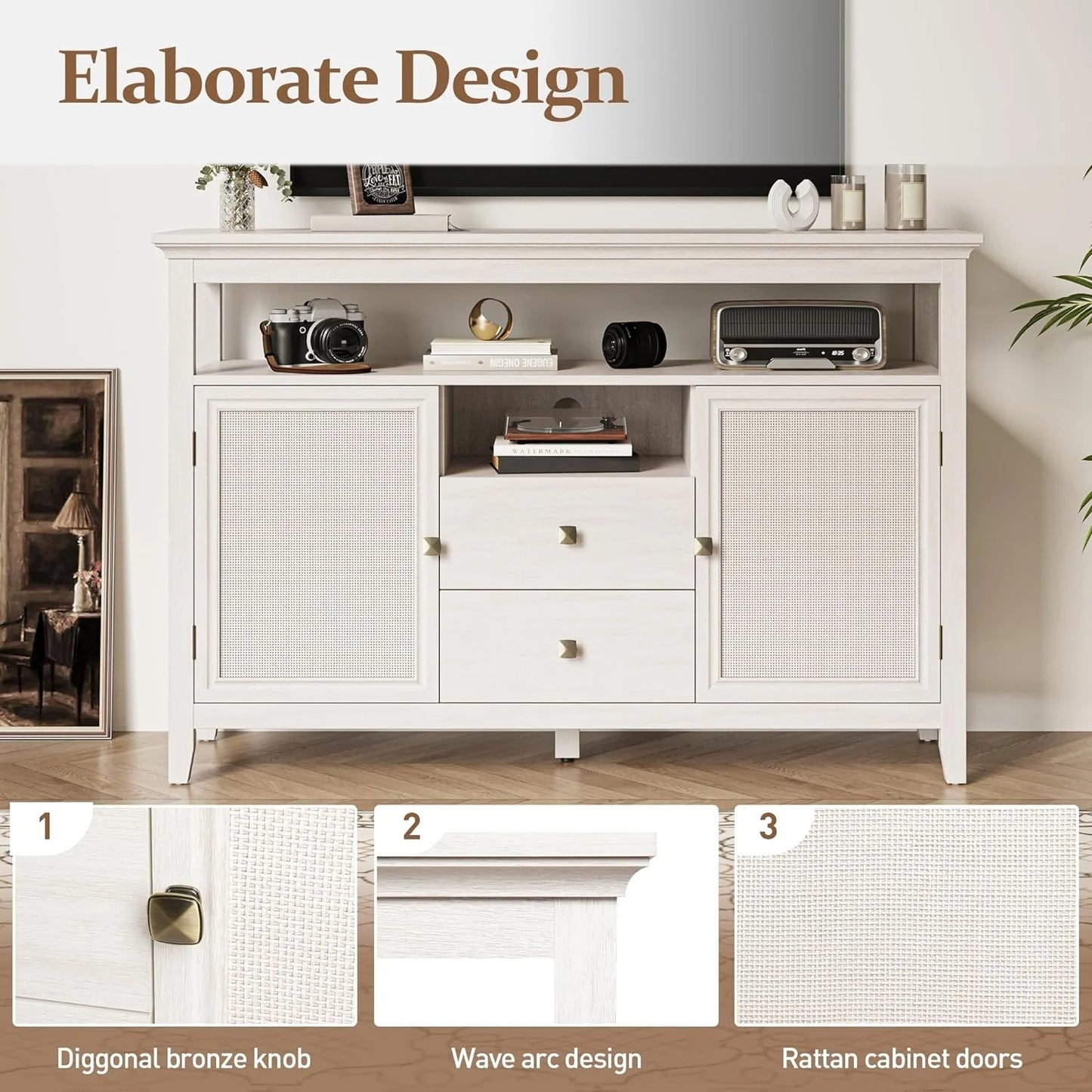 Royalcraft Farmhouse Rattan Storage Cabinet, Boho Sideboard Cabinet with Doors & Drawers, Buffet Cabinet with Adjustable Shelves, Accent Cabinet for Kitchen, Dining Room, Living Room, Grayish White