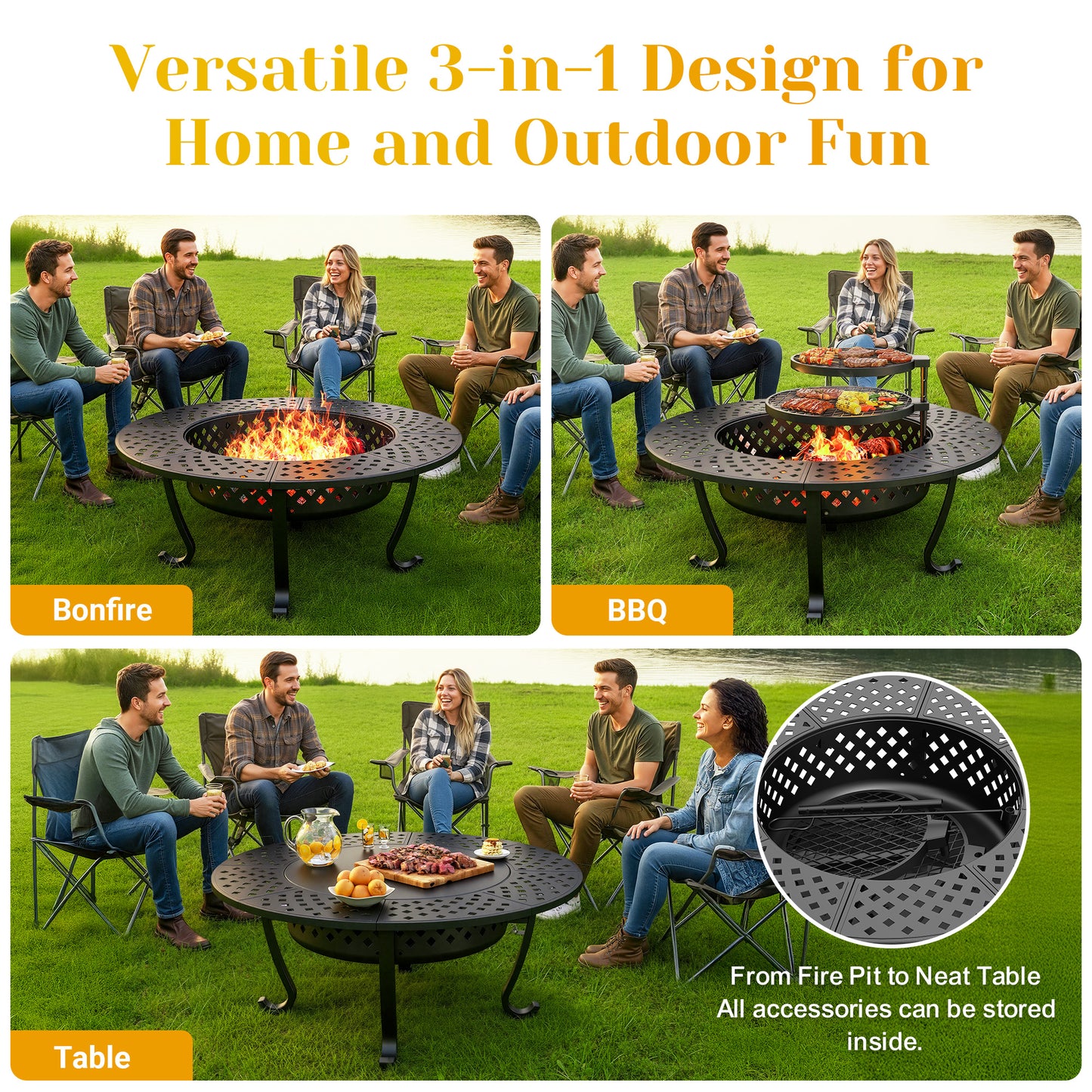 43'' Fire Pit with 2 Grills, Outdoor Wood Burning Fireplace with Lid and Fire Poker, BBQ & Bonfire & Round Metal Table 3 in 1 for Patio, Backyard, Garden, Black