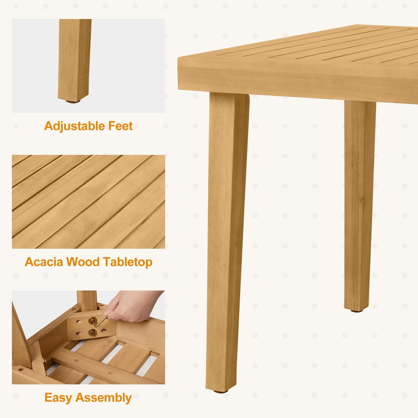 Heynemo Acacia Patio Dining Table, 6-Person Wood Picnic Table with Iron Leg, Outdoor Modern Dining Furniture for Backyard Lawn Garden Deck Indoor, Beige