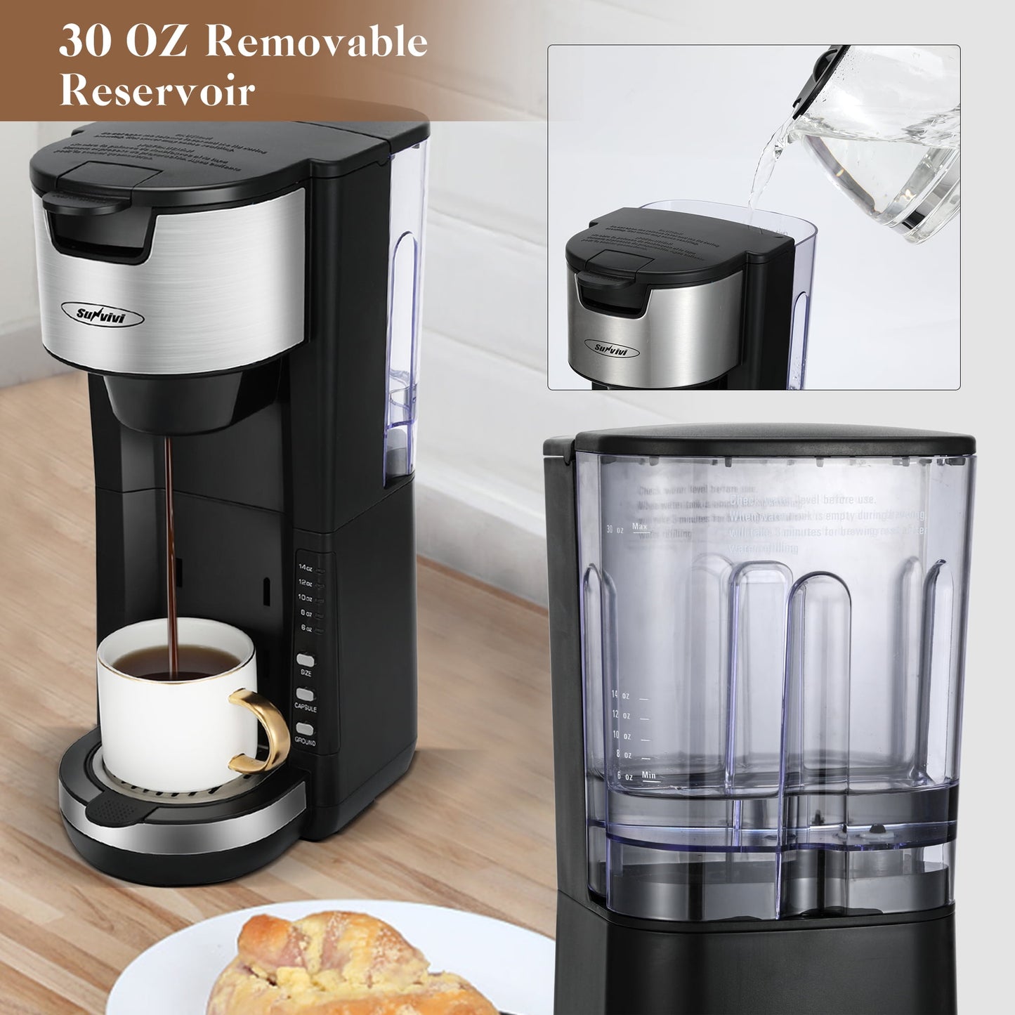 RoyalCraft Single Serve Coffee Maker For Single Cup Pod & Coffee Ground, Stainless SteelRemovable Reservoir, Compact Coffee Machine Brewer with 6 to 14 oz. Brew Sizes, Black