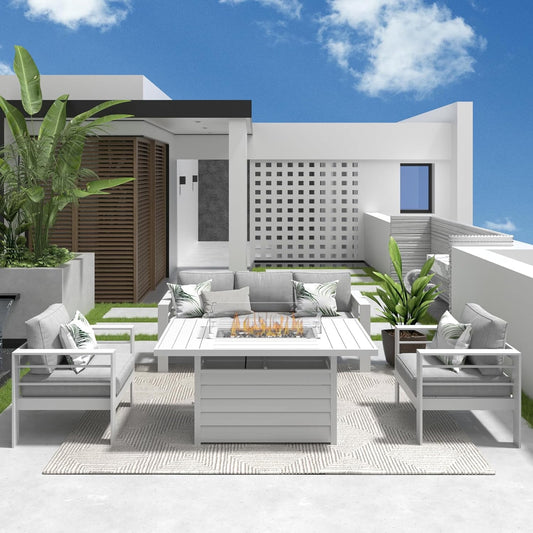 RoyalCarft Aluminum Patio Furniture Set with Fire Pit Table, 4 Piece Metal Outdoor Furniture with Water-Resistant Cushions, Modern Patio Conversation Set for Balcony, Front Porch, and Backyard, White