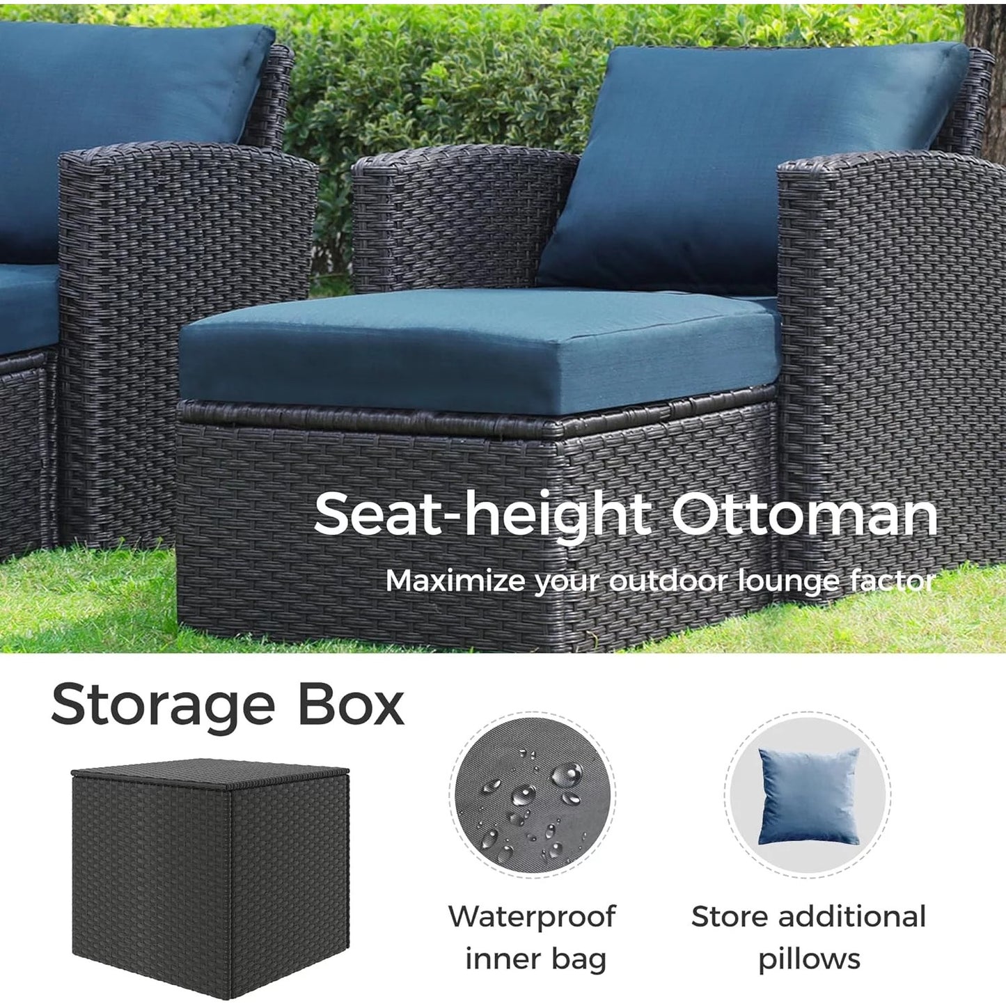 Royalcraft 9 Pieces Patio Furniture Sets, All-Weather Outdoor Sectional Wicker Conversation Set Outside Rattan Couch Sofa with Storage Box, Coffee Table, and Blue Cushion