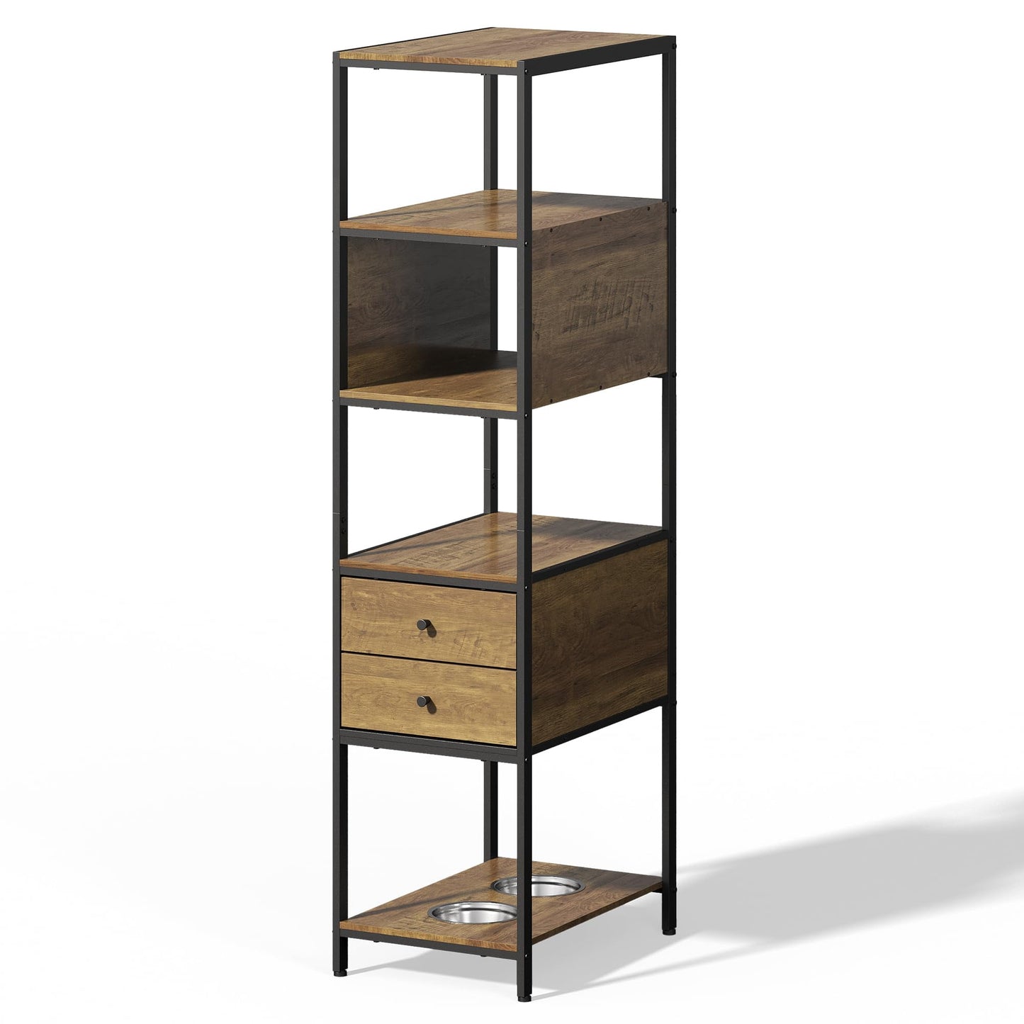 CozyHome Industrial Bookshelf, Standing Display Shelf with 2 Dog Bowls, Metal and Wood Bookshelf, Dog Feeder Station with Shelves, Brown