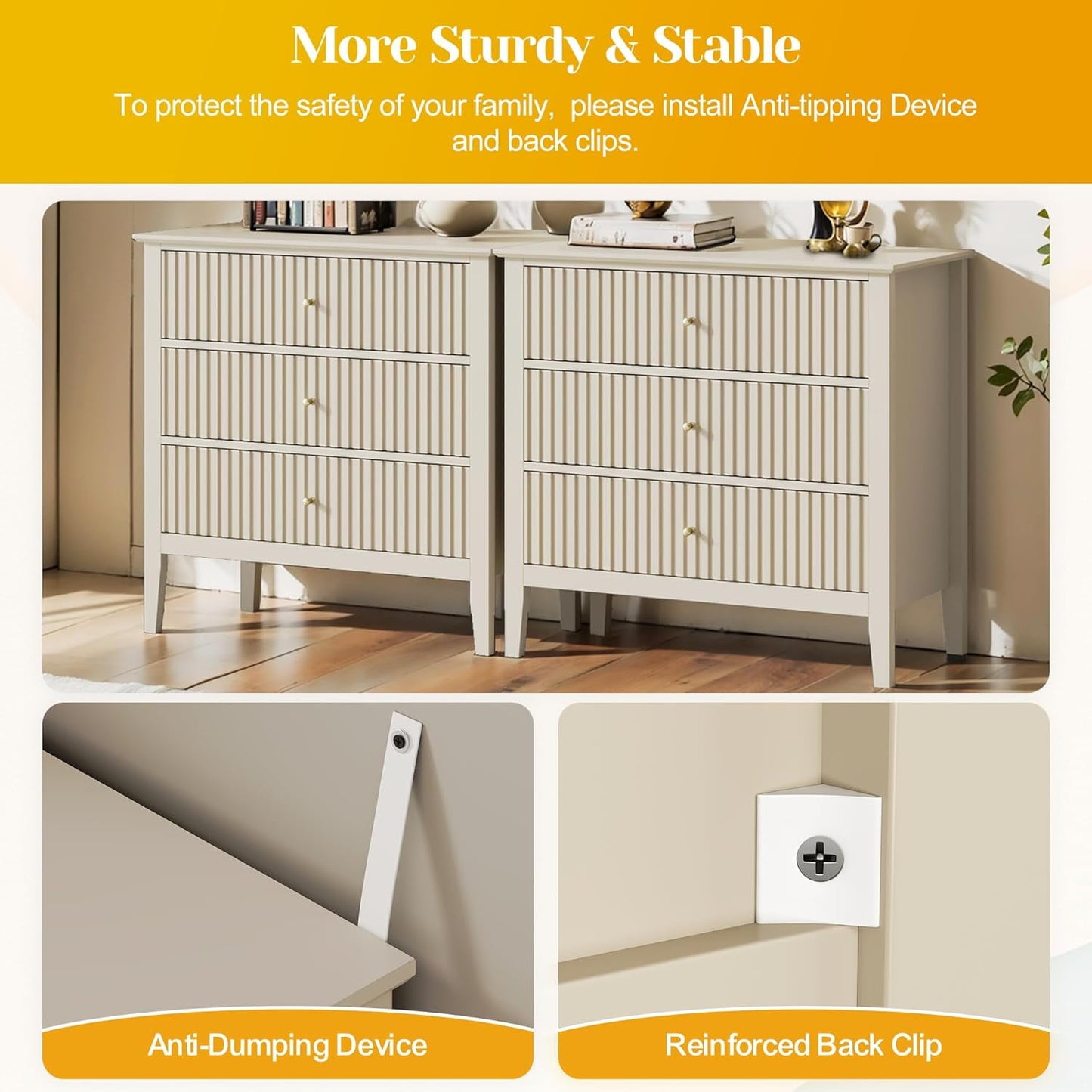 Mayincolor Large Fluted 3 Drawer Dresser set of 2, Wide Chest of Drawers with Modern Nightstand Cabinet Wood Dresser with Spacious Storage for Bedroom,Living Room,Beige