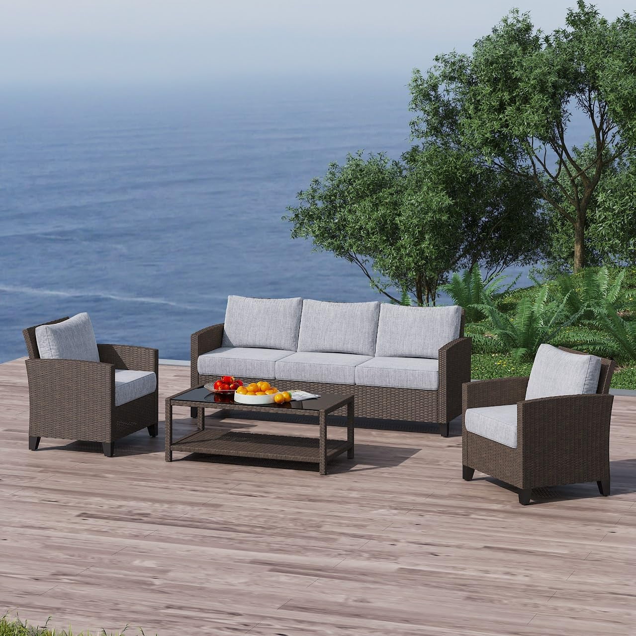 RoyalCraft Outdoor Patio Furniture Set, 4 Piece Outdoor Rattan Sofa Set, All Weather Wicker Conversation Set with Coffee Table for Porch Backyard Garden, Grey