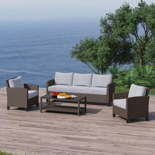 RoyalCraft Outdoor Patio Furniture Set, 4 Piece Outdoor Rattan Sofa Set, All Weather Wicker Conversation Set with Coffee Table for Porch Backyard Garden, Grey