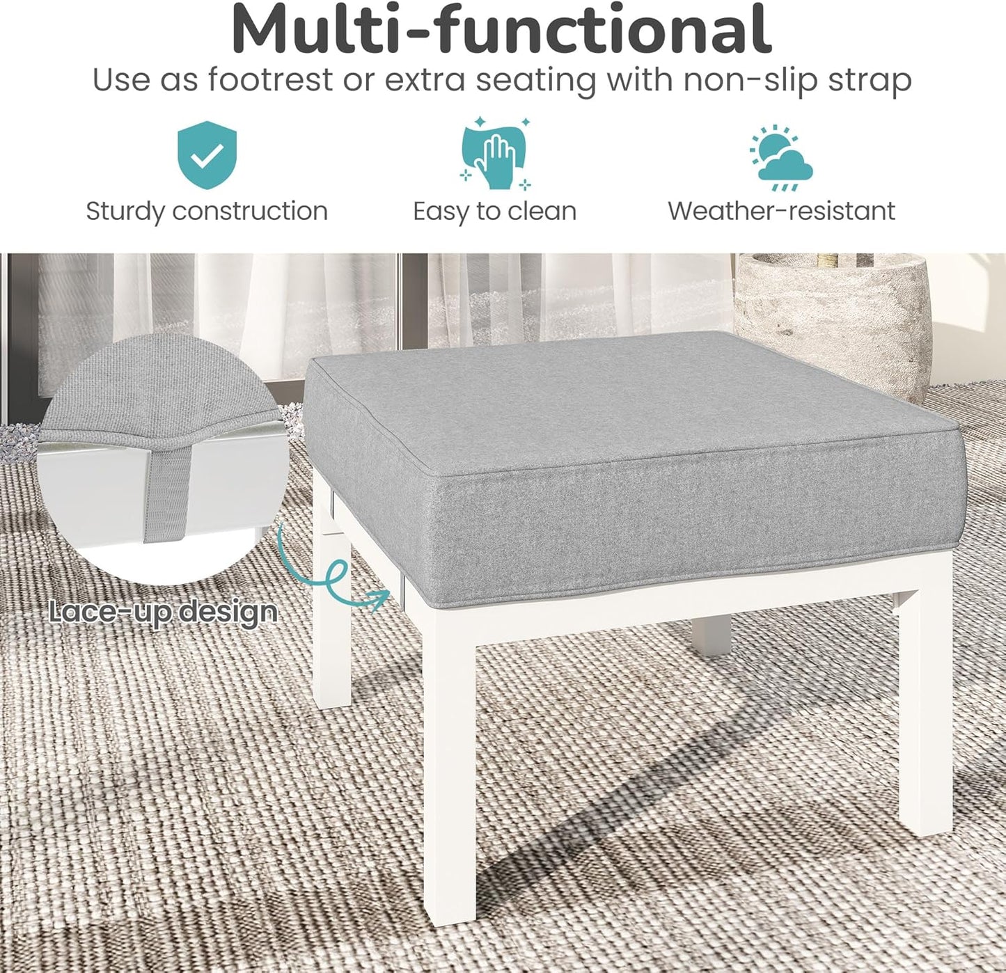 Royalcraft Outdoor Footstools Patio Ottoman Set of 2, Aluminum All-Weather Outdoor Footrest Seat with Removable Cushions, Patio Furniture Ottomans for Garden, Backyard, Poolside-Gray