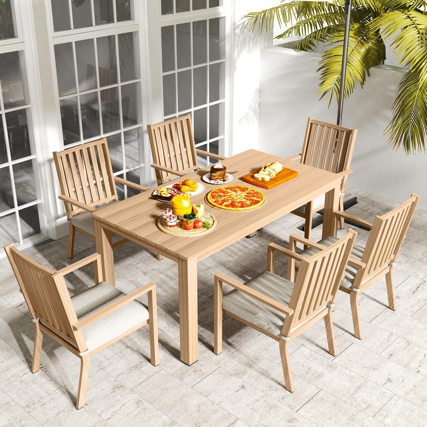 May in Color Patio Dining Chair Set of 4, Aluminum Outdoor Dining Chairs with Waterproof Cushions, Metal Outdoor Patio Furniture Seating for Porch, Balcony, Deck, Backyard, Light Wood Color