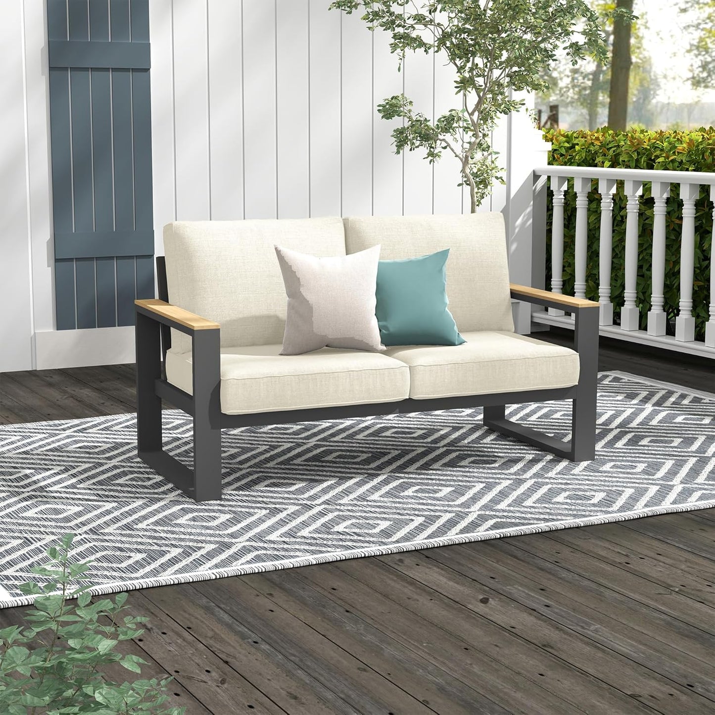 May in Color Aluminum Outdoor Loveseat, All-Weather Metal Patio Furniture Sofa, Patio Sofa Chair for Porch Backyard Garden, Beige